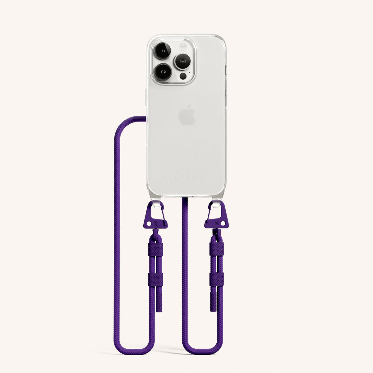 Clear Phone Necklace with Carabiner Rope for iPhone 15 Pro without MagSafe in Clear + Purple Total View | XOUXOU #phone model_iphone 15 pro