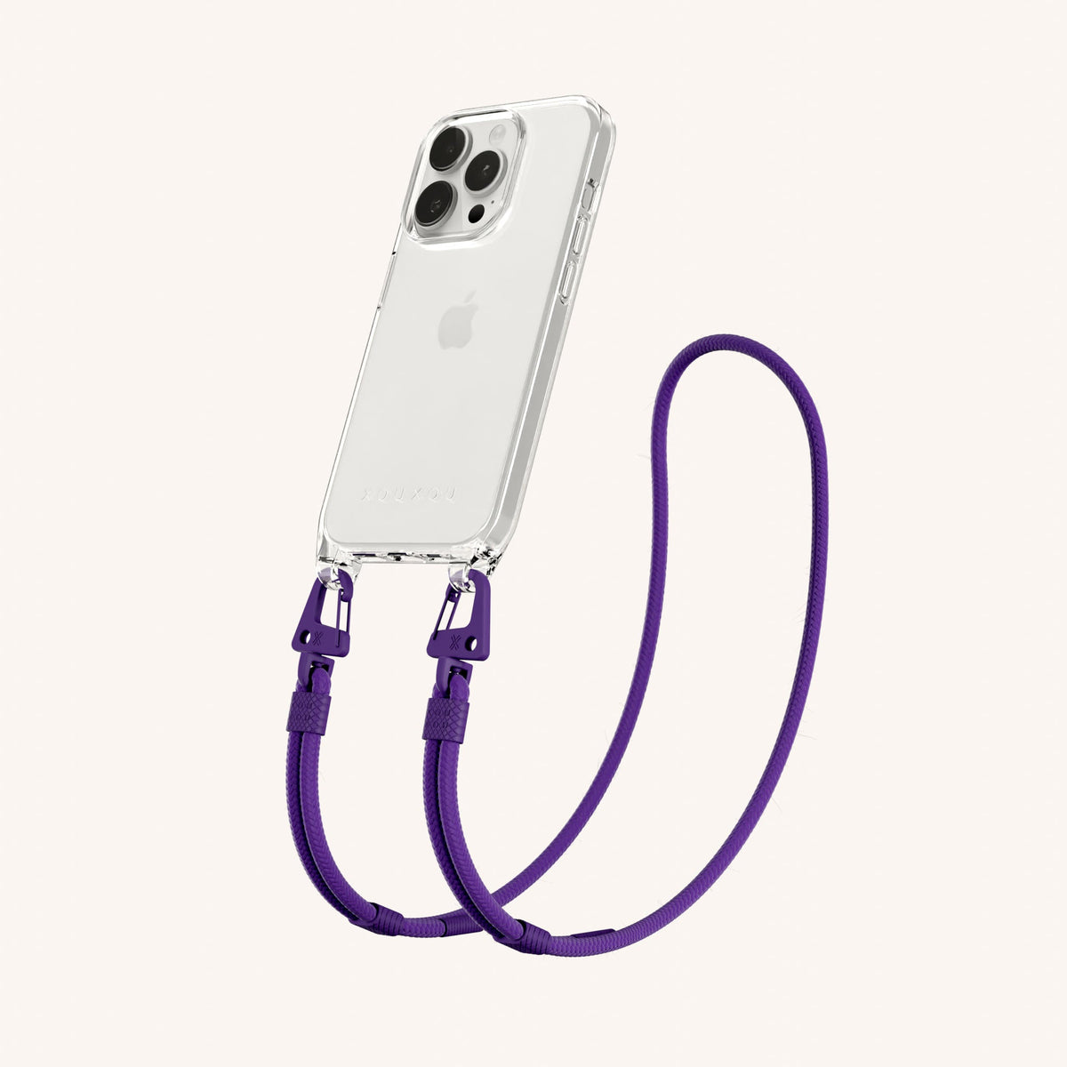 Clear Phone Necklace with Carabiner Rope for iPhone 15 Pro without MagSafe in Clear + Purple Perspective View | XOUXOU #phone model_iphone 15 pro
