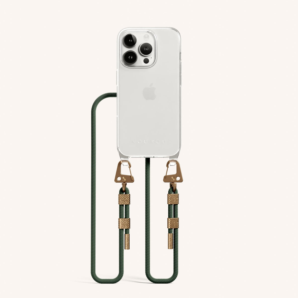 Clear Phone Necklace with Carabiner Rope for iPhone 15 Pro without MagSafe in Clear + Sage Total View | XOUXOU #phone model_iphone 15 pro