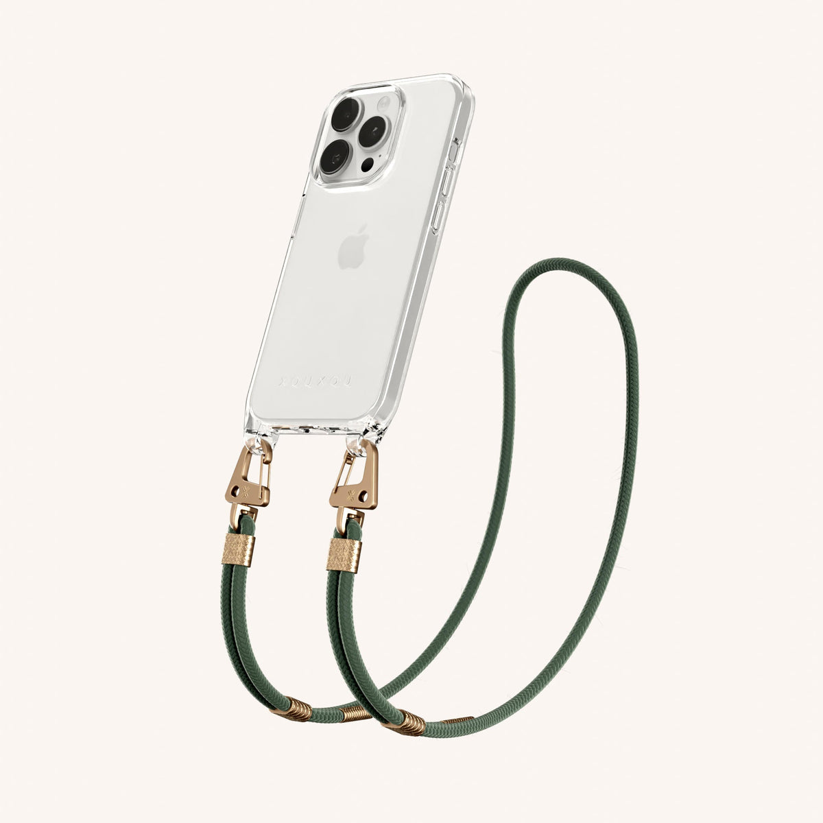 Clear Phone Necklace with Carabiner Rope for iPhone 15 Pro without MagSafe in Clear + Sage Perspective View | XOUXOU #phone model_iphone 15 pro