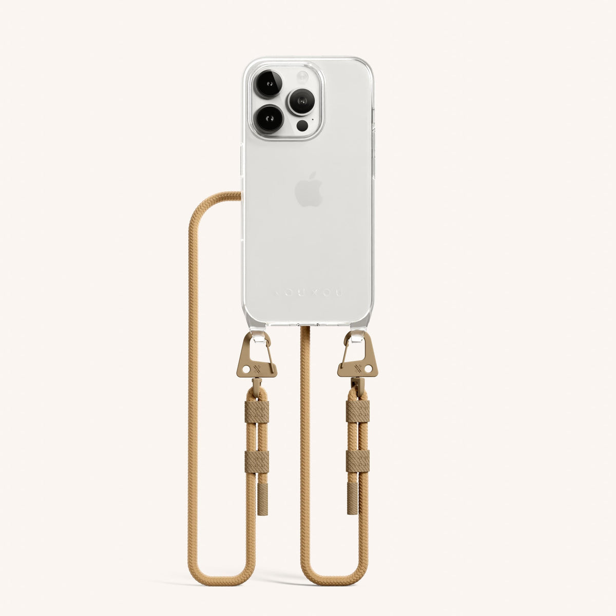 Clear Phone Necklace with Carabiner Rope for iPhone 15 Pro without MagSafe in Clear + Sand Total View | XOUXOU #phone model_iphone 15 pro
