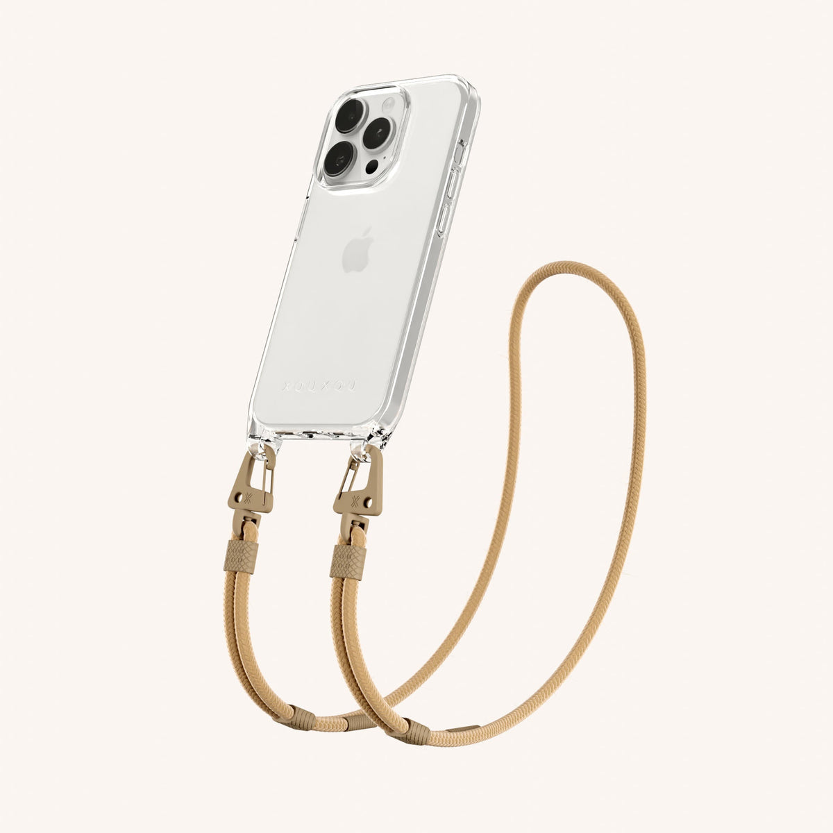 Clear Phone Necklace with Carabiner Rope for iPhone 15 Pro without MagSafe in Clear + Sand Perspective View | XOUXOU #phone model_iphone 15 pro