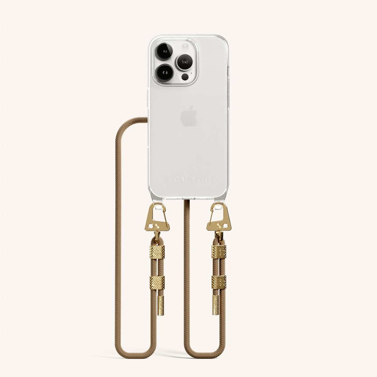 Clear Phone Necklace with Carabiner Rope for iPhone 15 Pro without MagSafe in Clear + Taupe Total View | XOUXOU #phone model_iphone 15 pro