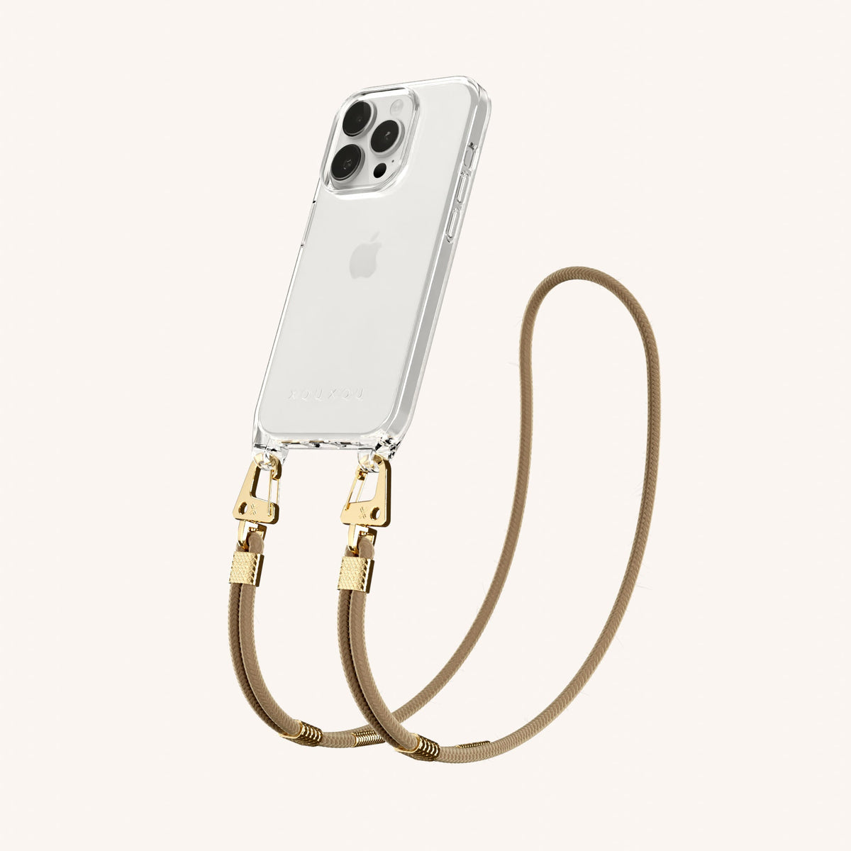 Clear Phone Necklace with Carabiner Rope for iPhone 15 Pro without MagSafe in Clear + Taupe Perspective View | XOUXOU #phone model_iphone 15 pro