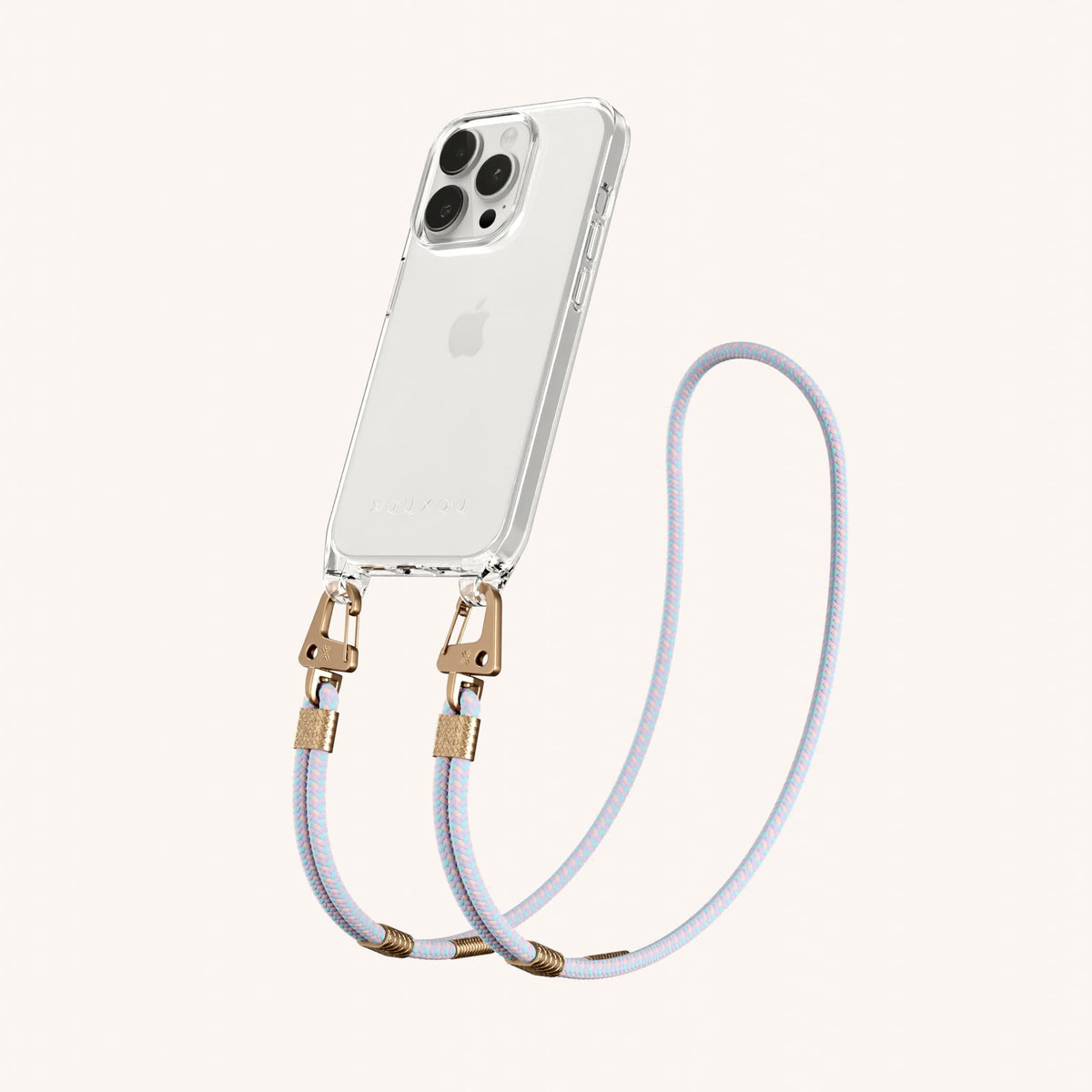 Clear Phone Necklace with Carabiner Rope for iPhone 15 Pro without MagSafe in Clear + Vibrant Pastel Perspective View | XOUXOU #phone model_iphone 15 pro