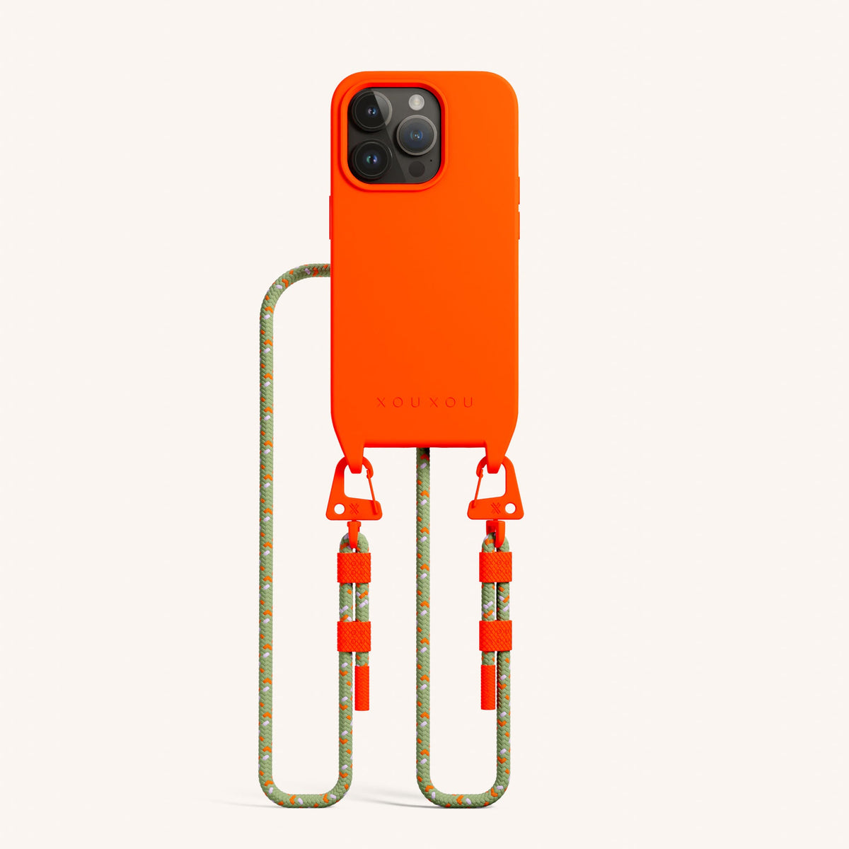 Phone Necklace with Carabiner Rope for iPhone 15 Pro without MagSafe in Neon Orange + Orange Camouflage Total View | XOUXOU #phone model_iphone 15 pro