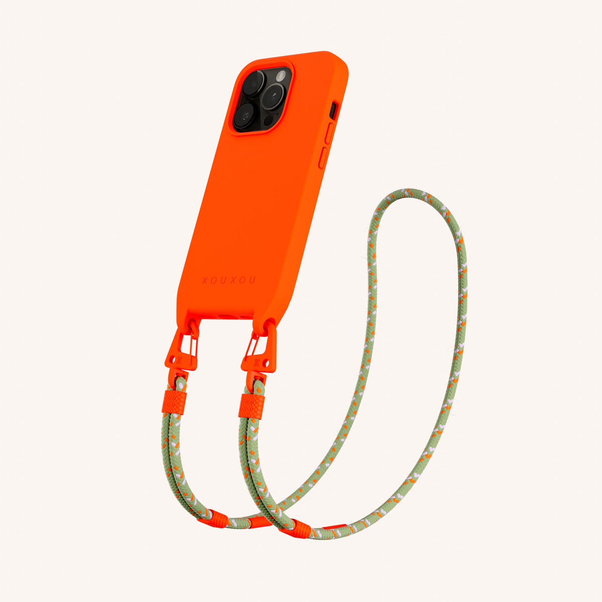 Phone Necklace with Carabiner Rope for iPhone 15 Pro without MagSafe in Neon Orange + Orange Camouflage Perspective View | XOUXOU #phone model_iphone 15 pro