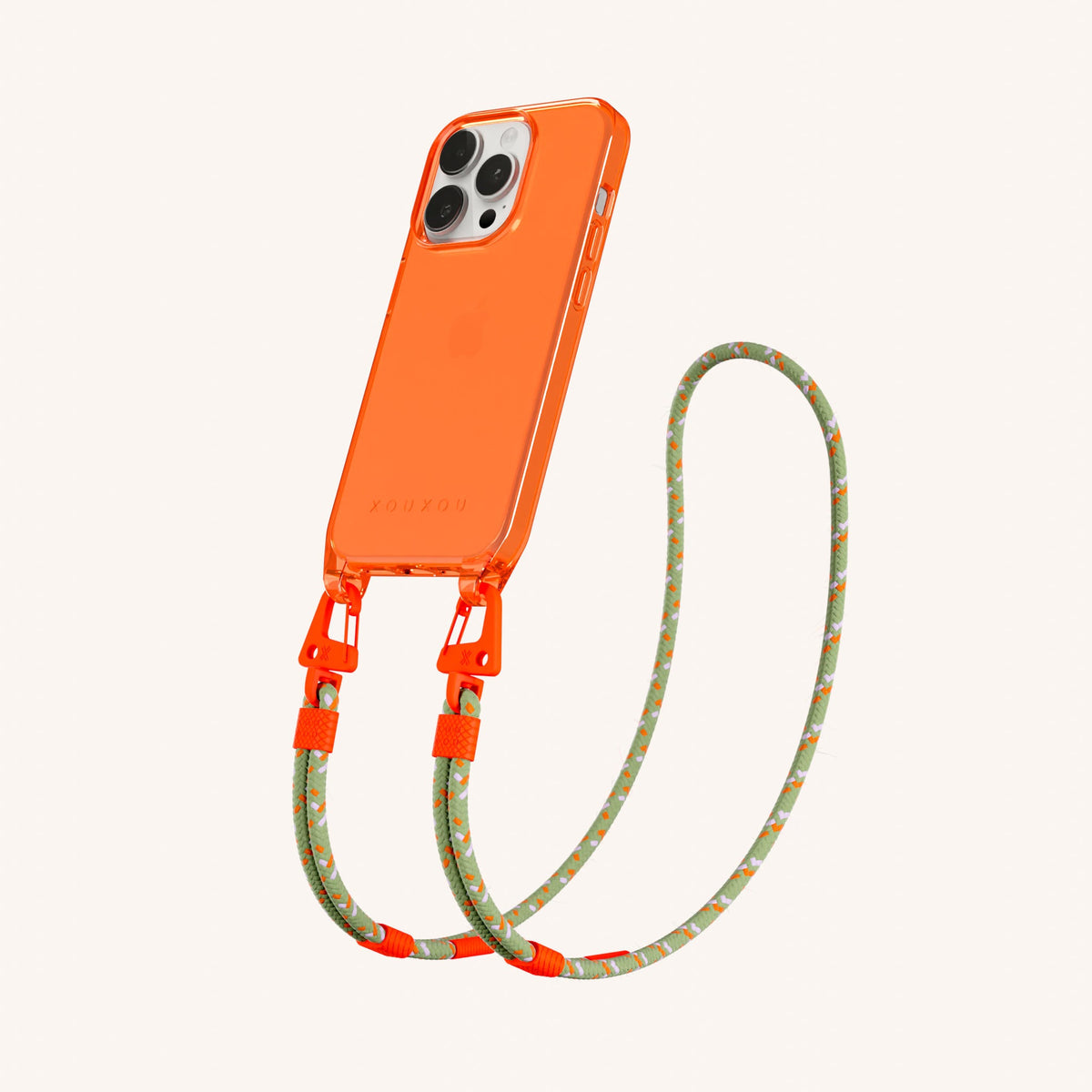 Clear Phone Necklace with Carabiner Rope for iPhone 15 Pro without MagSafe in Neon Orange Clear + Orange Camouflage Perspective View | XOUXOU #phone model_iphone 15 pro