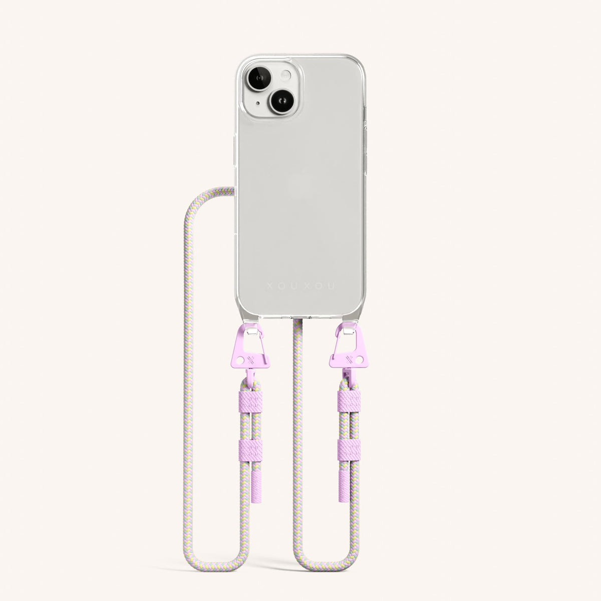 Phone Necklace with Carabiner Rope for iPhone 15 without MagSafe in Clear + Dolce | XOUXOU #phone model_iphone 15