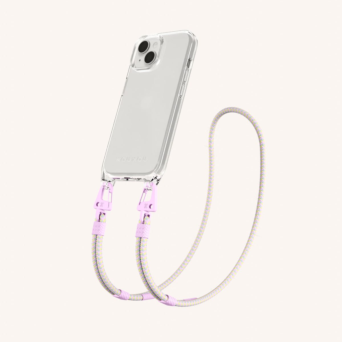 Phone Necklace with Carabiner Rope for iPhone 16 Plus without MagSafe in Clear + Dolce | XOUXOU #phone model_iphone 16 plus