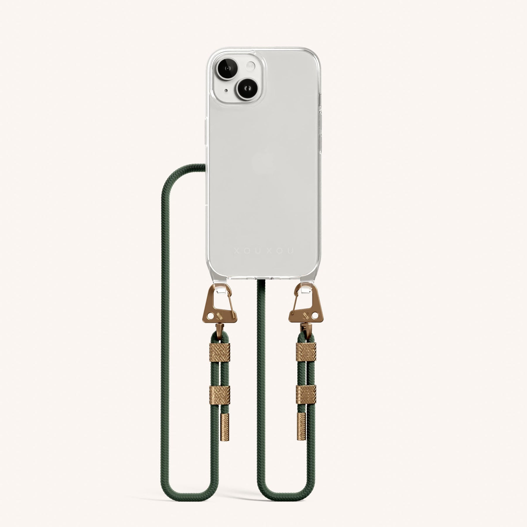 Phone Necklace with Carabiner Rope in Clear + Sage