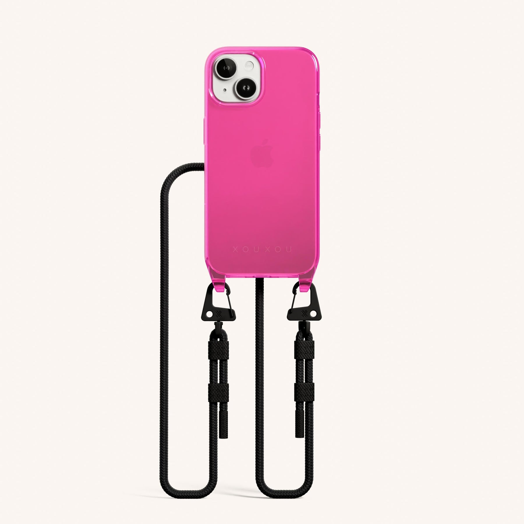 Phone Necklace with Carabiner Rope in Cyber Pink Clear + Black