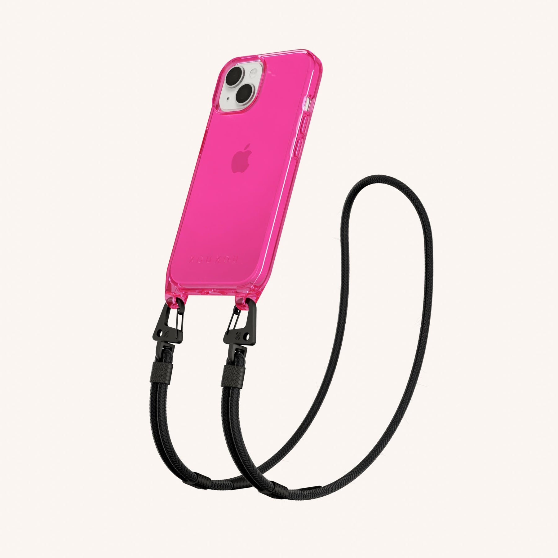 Phone Necklace with Carabiner Rope in Cyber Pink Clear + Black