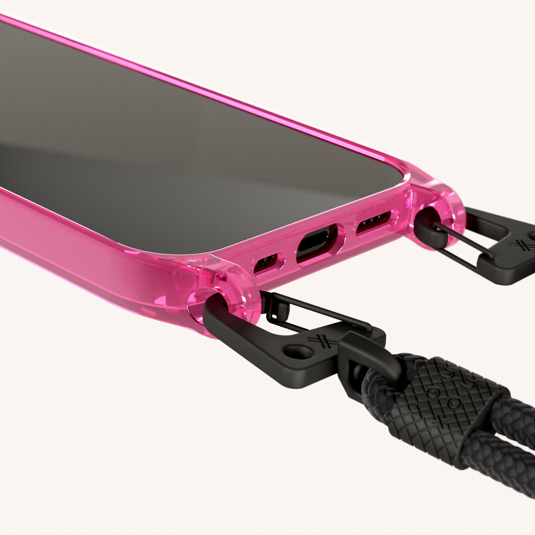Phone Necklace with Carabiner Rope in Cyber Pink Clear + Black