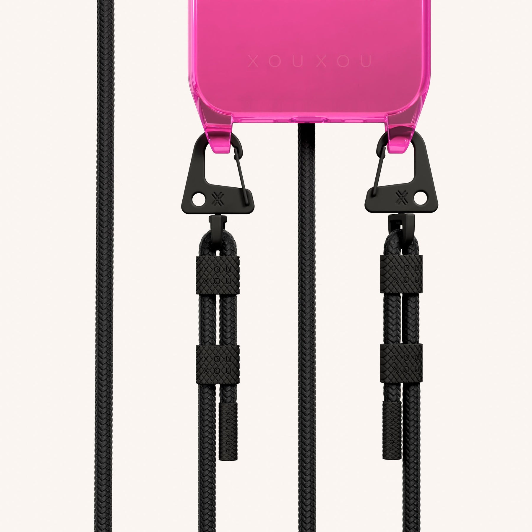 Phone Necklace with Carabiner Rope in Cyber Pink Clear + Black
