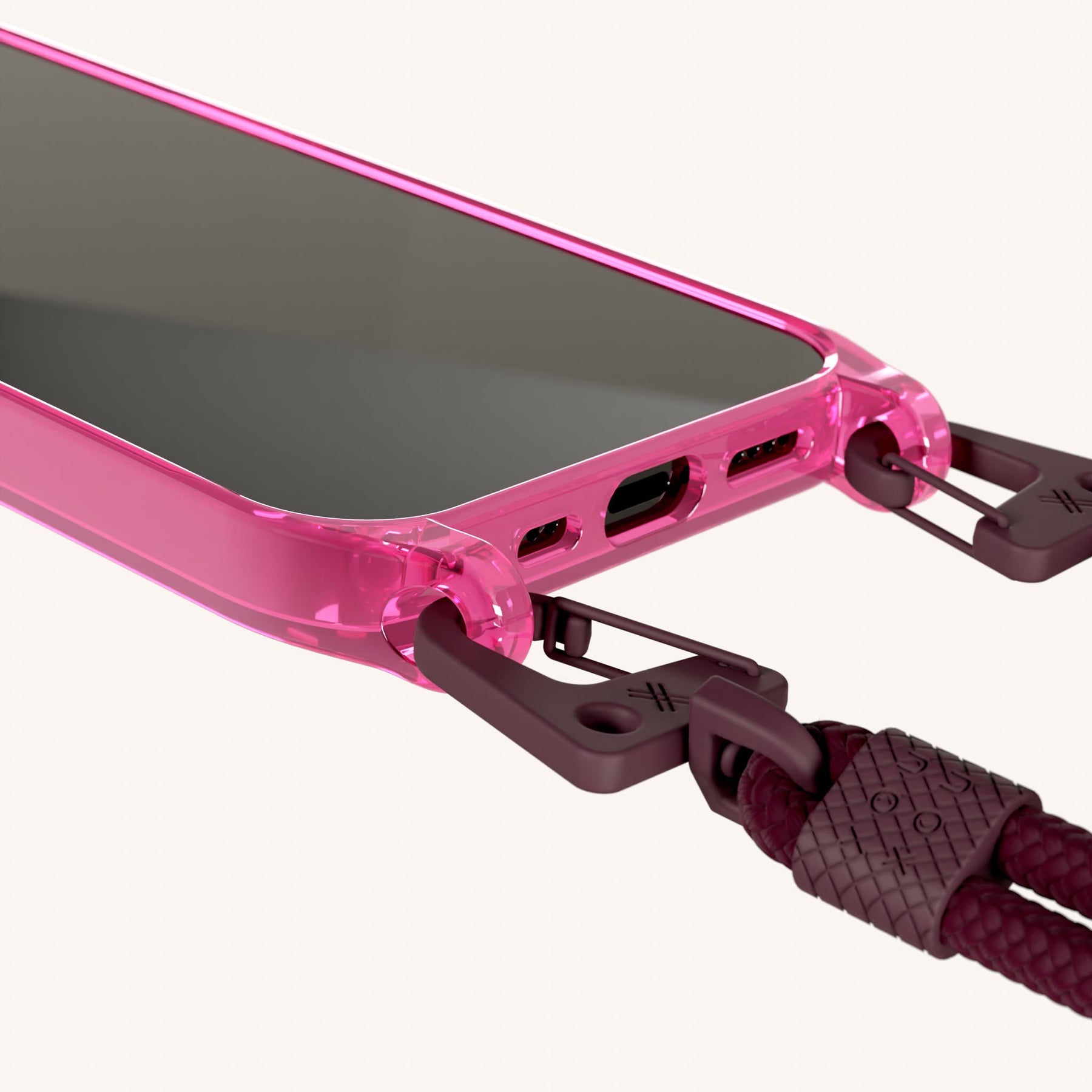Phone Necklace with Carabiner Rope in Cyber Pink Clear + Burgundy
