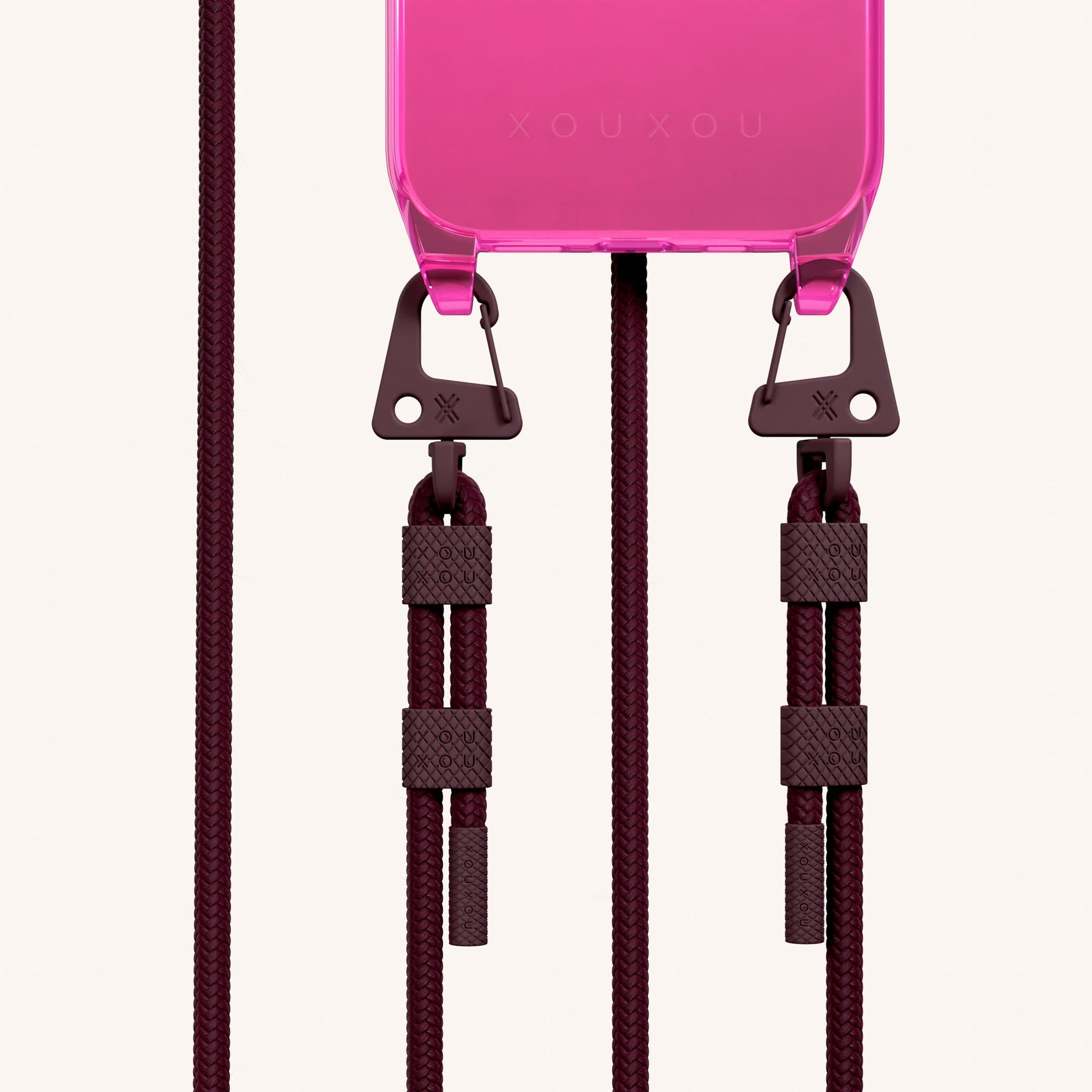 Phone Necklace with Carabiner Rope in Cyber Pink Clear + Burgundy