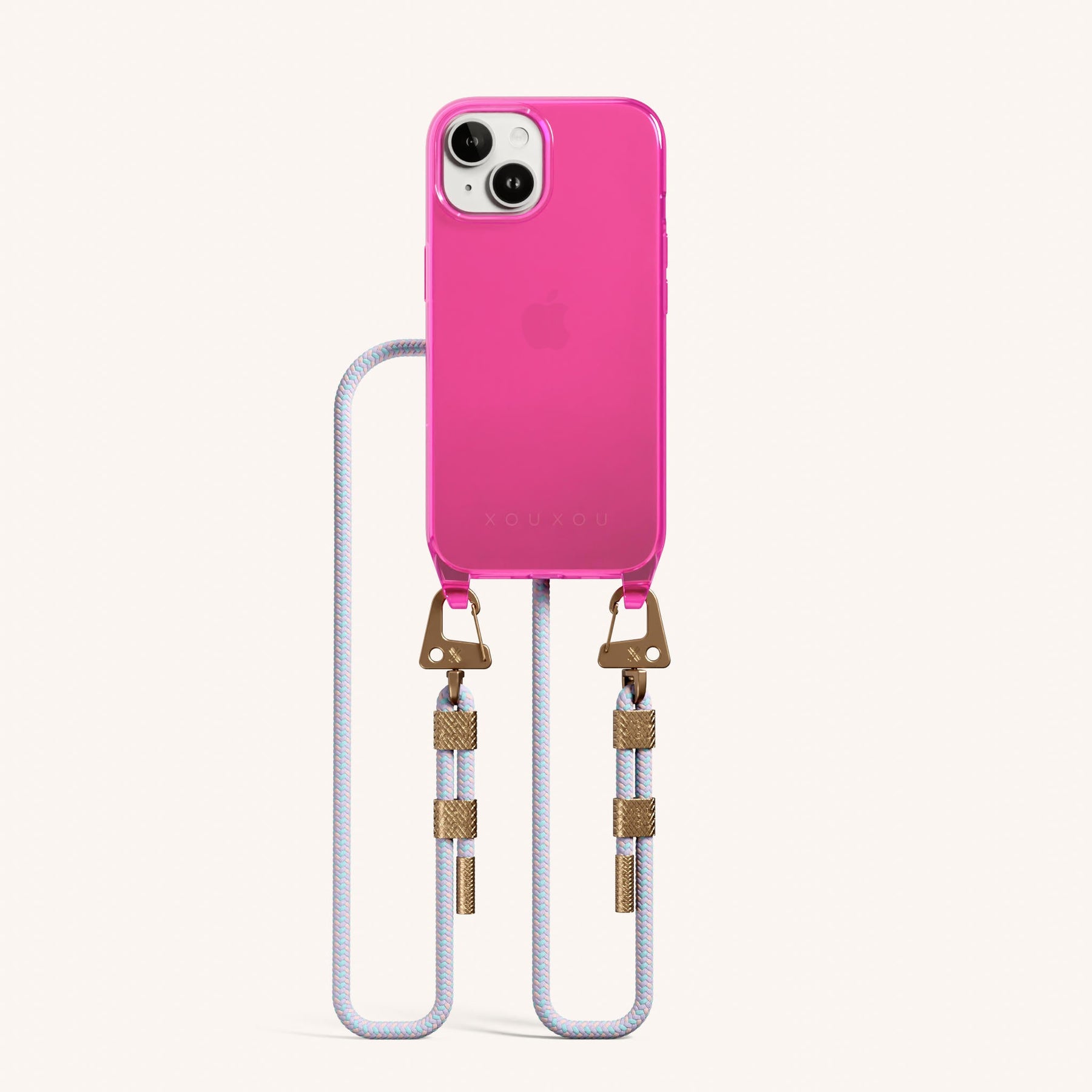 Phone Necklace with Carabiner Rope in Cyber Pink Clear + Vibrant Pastel