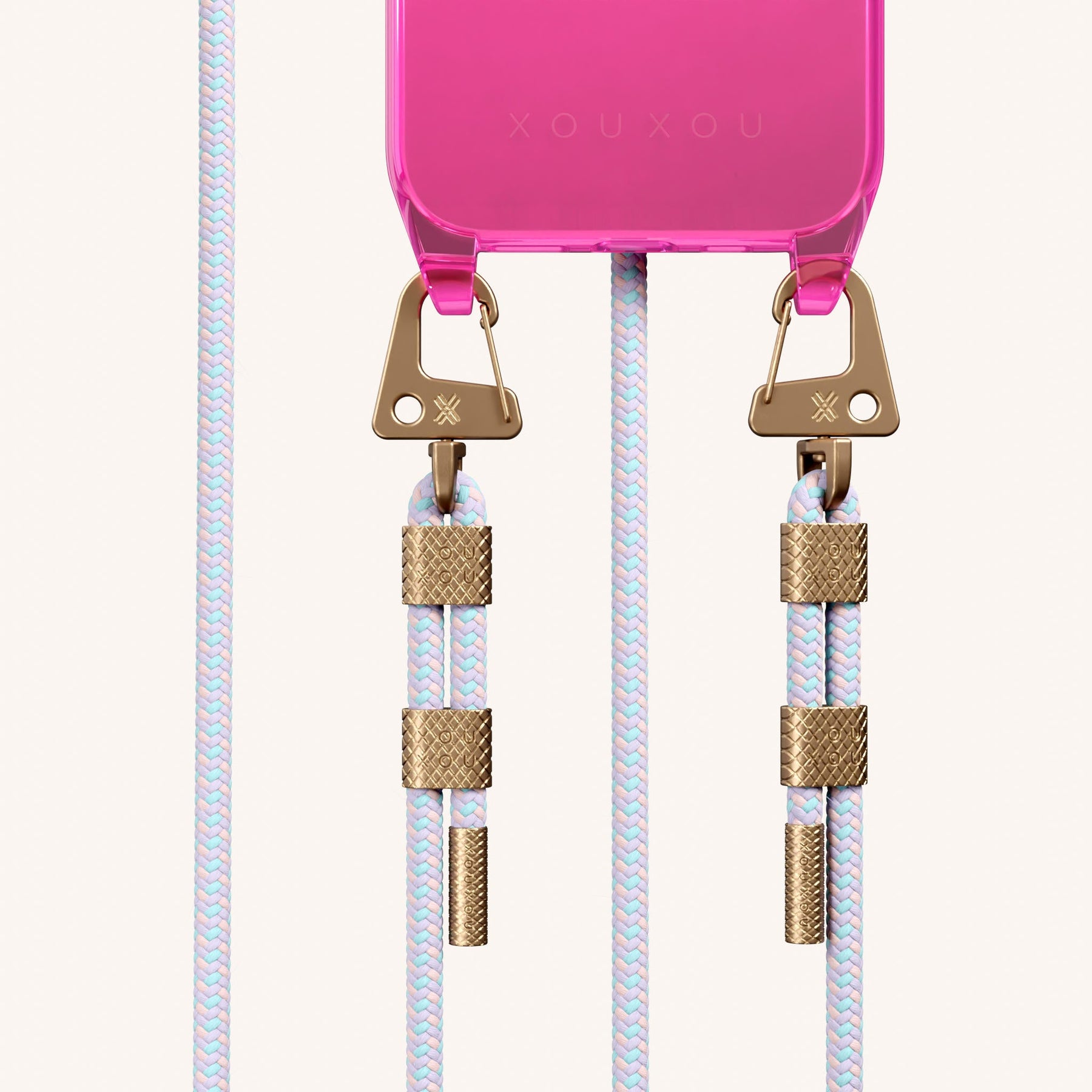 Phone Necklace with Carabiner Rope in Cyber Pink Clear + Vibrant Pastel
