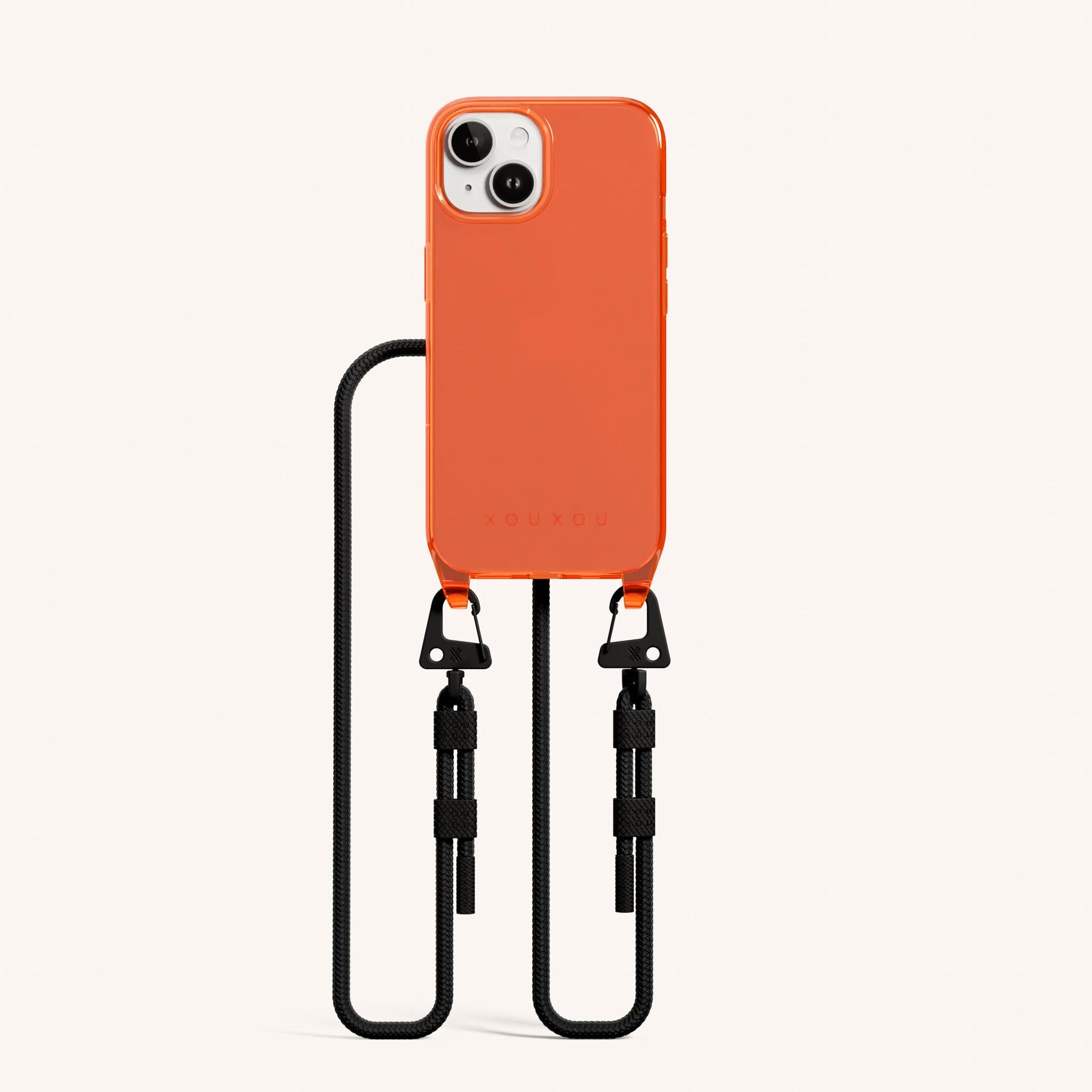 Phone Necklace with Carabiner Rope in Neon Orange Clear + Black