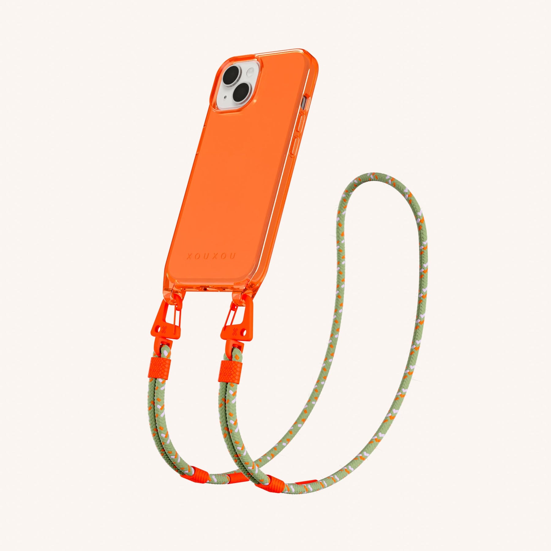 Phone Necklace with Carabiner Rope in Neon Orange Clear + Orange Camouflage