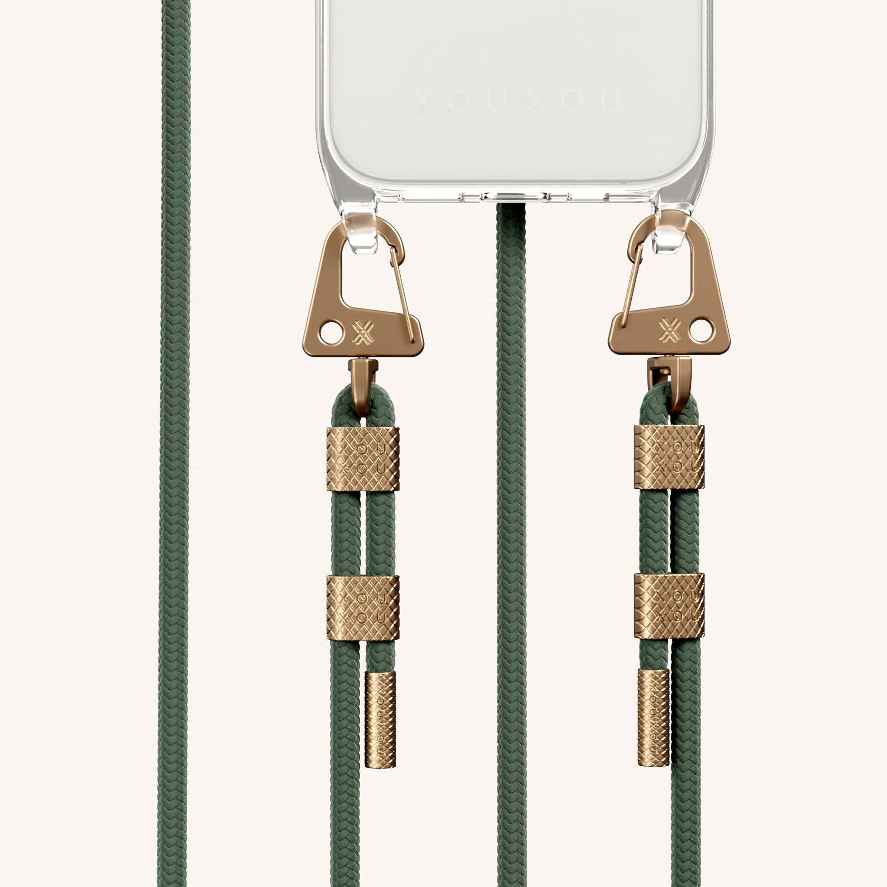 Phone Necklace with Carabiner Rope in Clear + Sage