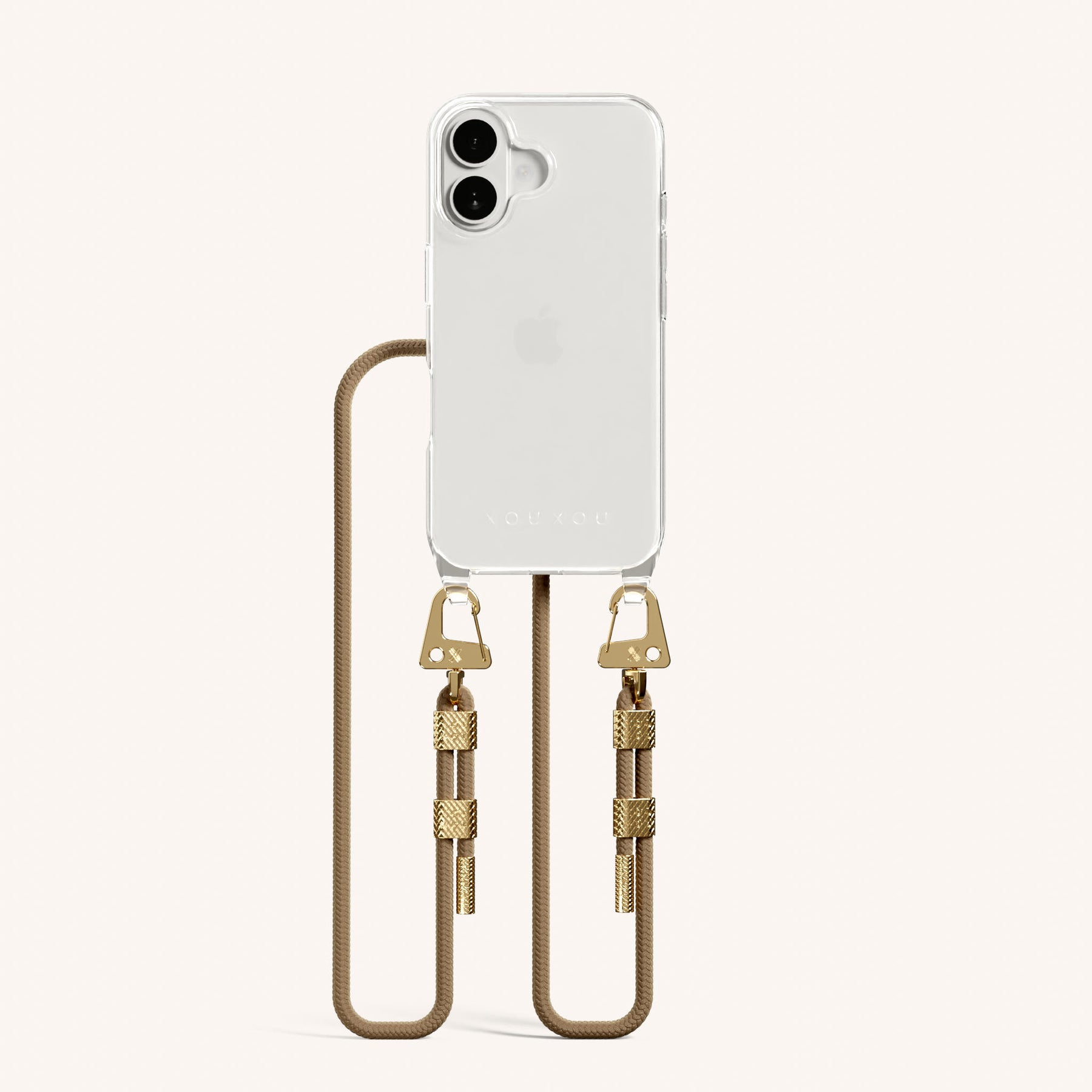 Phone Necklace with Carabiner Rope in Clear + Taupe