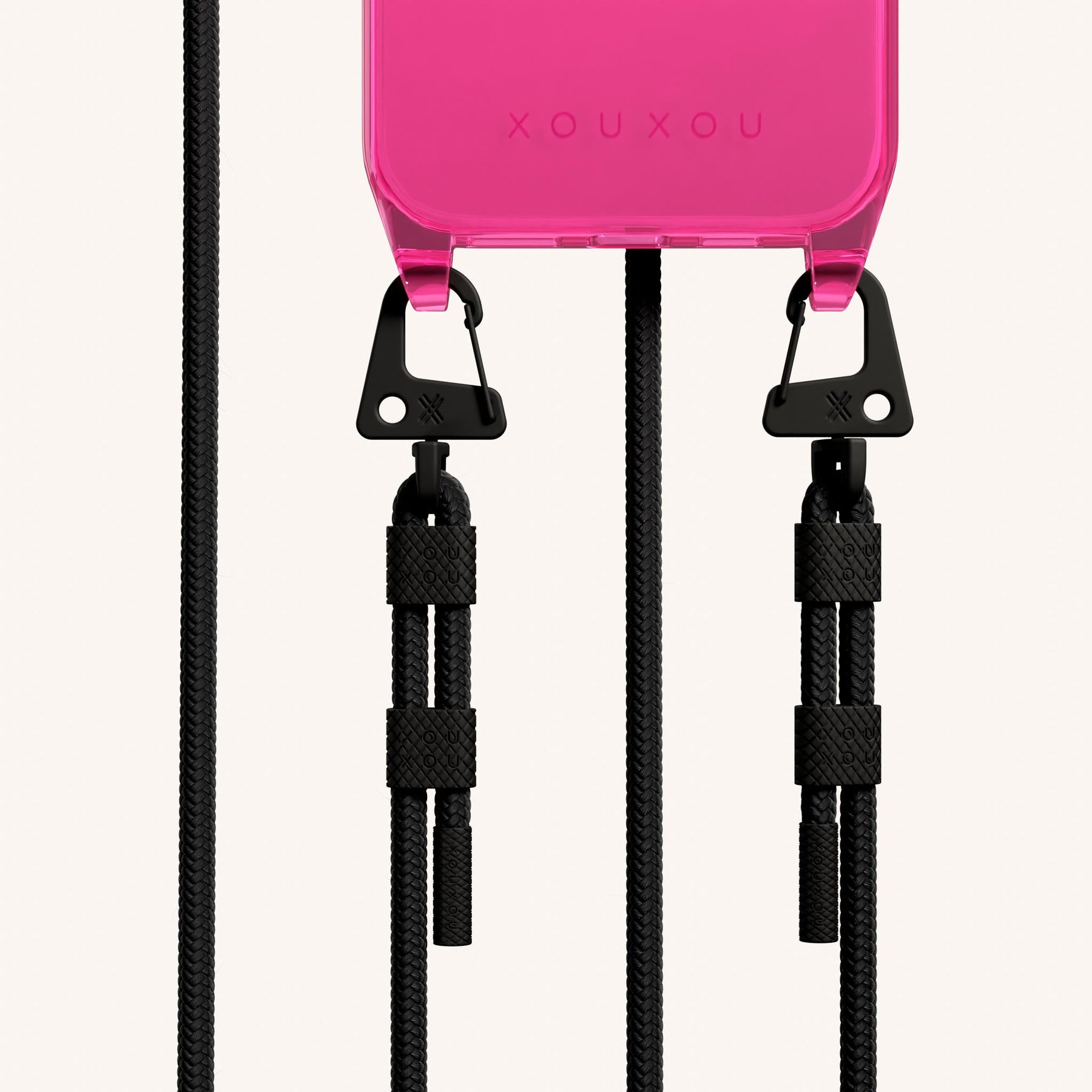 Phone Necklace with Carabiner Rope in Cyber Pink Clear + Black