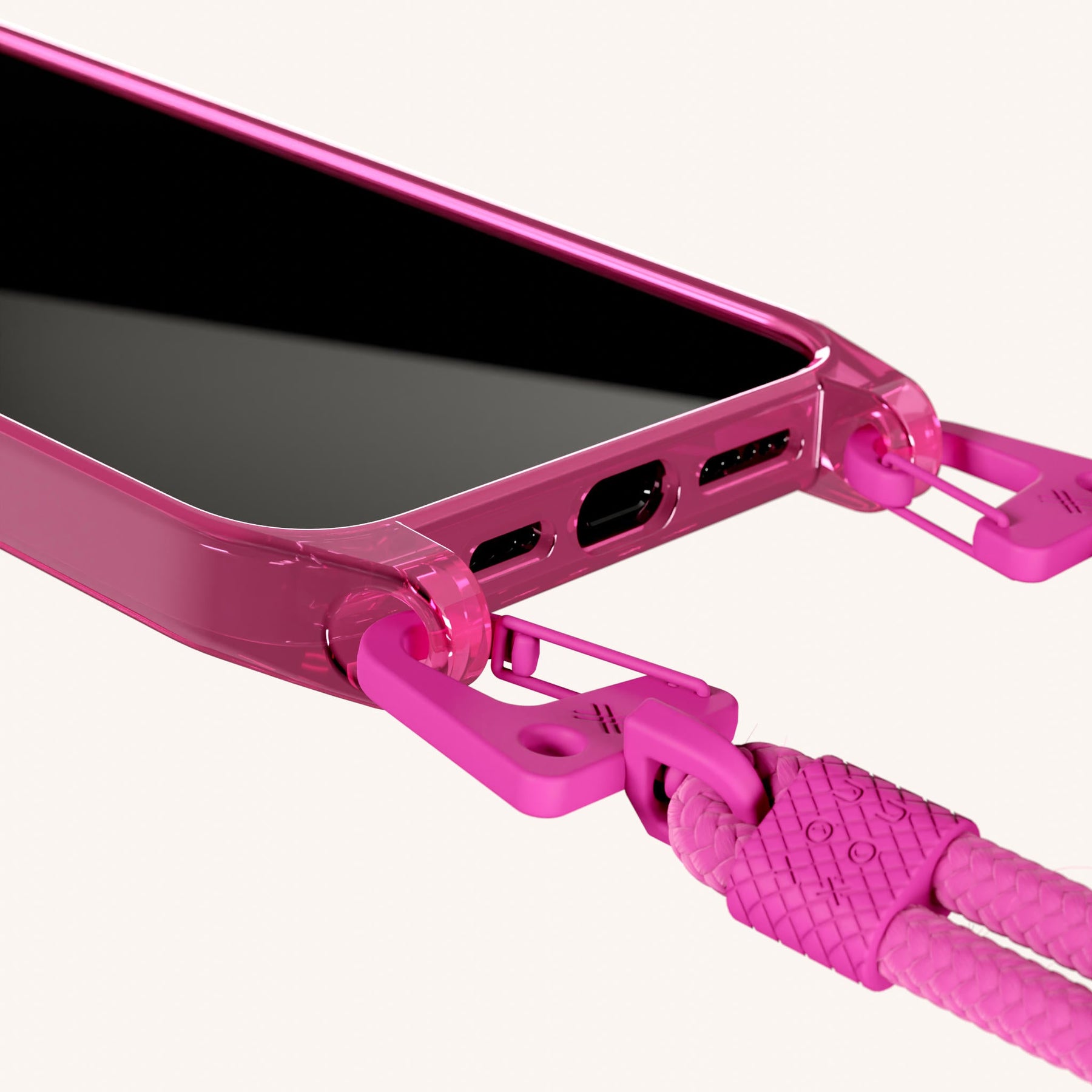 Phone Necklace with Carabiner Rope in Cyber Pink Clear + Power Pink