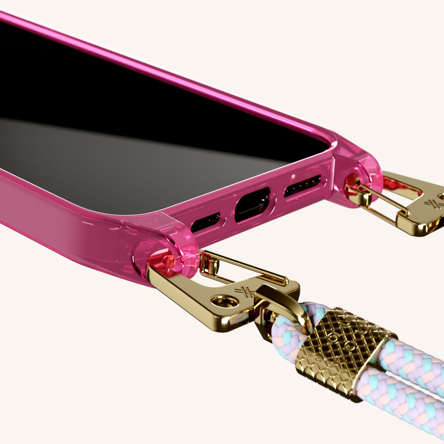 Phone Necklace with Carabiner Rope in Cyber Pink Clear + Vibrant Pastel