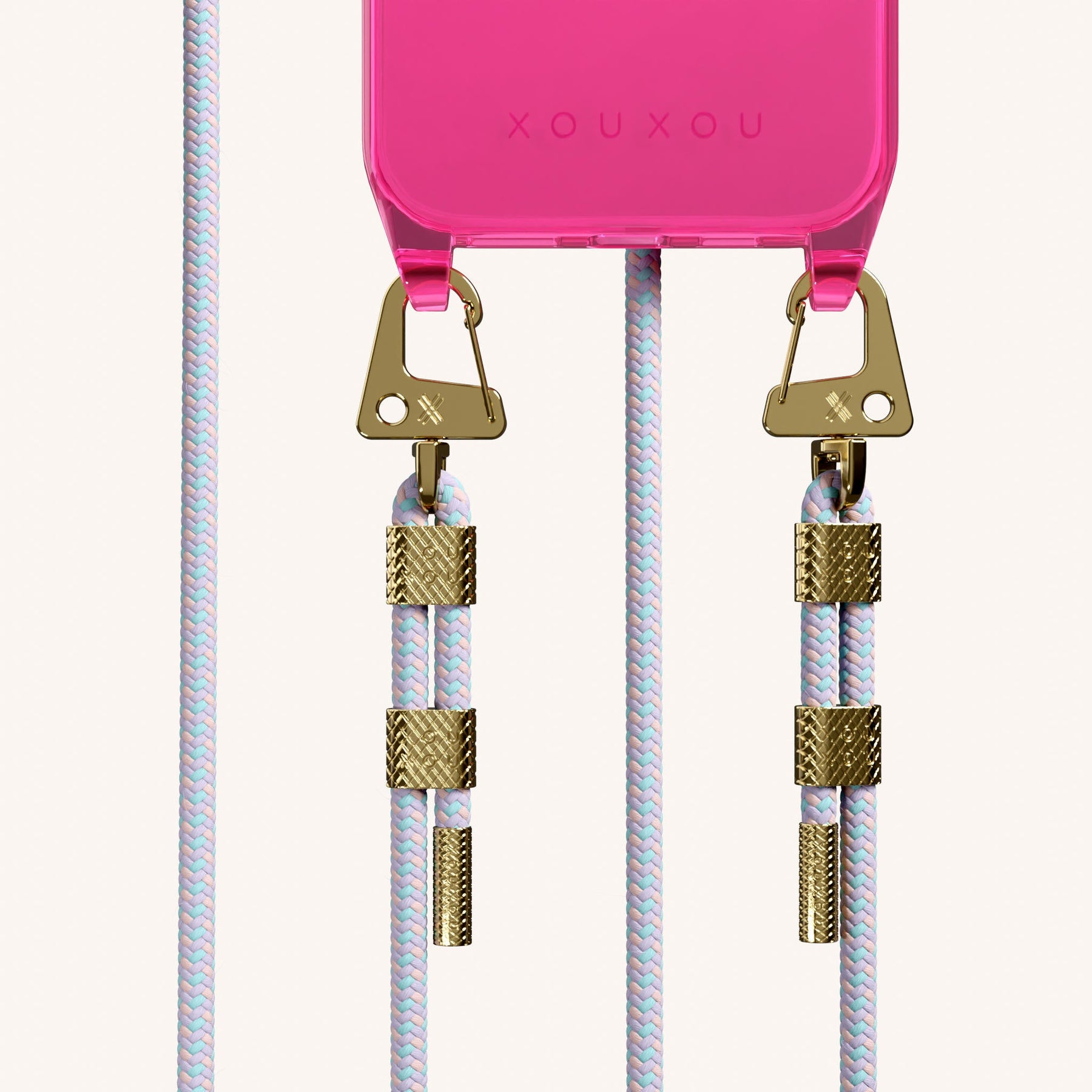 Phone Necklace with Carabiner Rope in Cyber Pink Clear + Vibrant Pastel