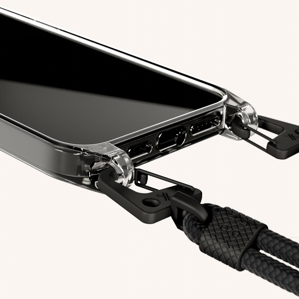 Phone Necklace with Carabiner Rope for iPhone 16 Pro without MagSafe in Clear + Black | XOUXOU #phone model_iphone 16 pro