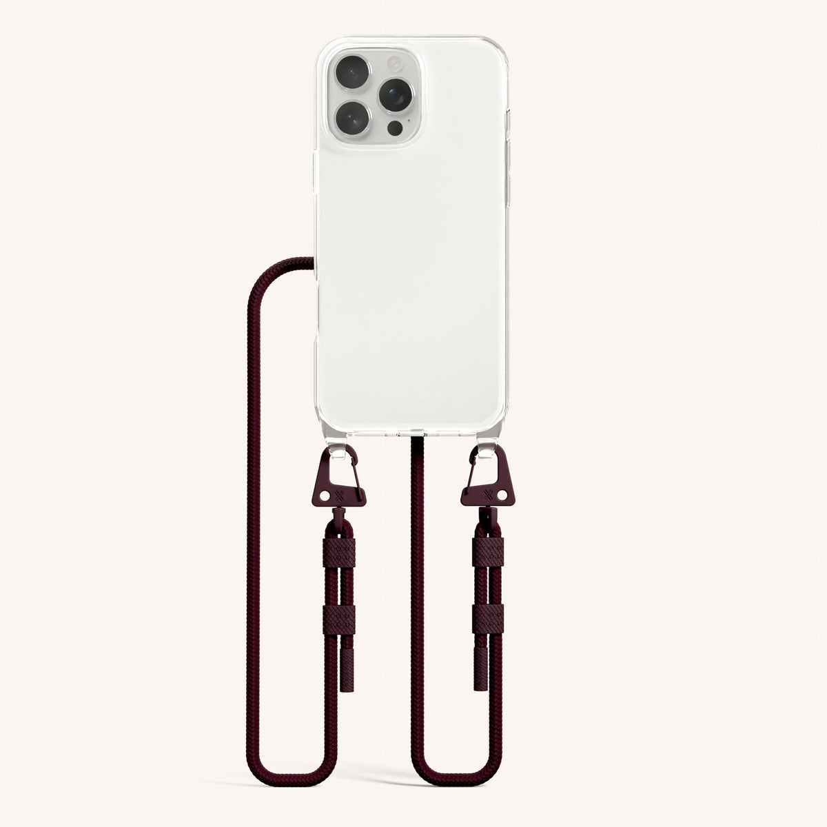 Phone Necklace with Carabiner Rope for iPhone 16 Pro without MagSafe in Clear and Burgundy Total View | XOUXOU #phone model_iphone 16 pro