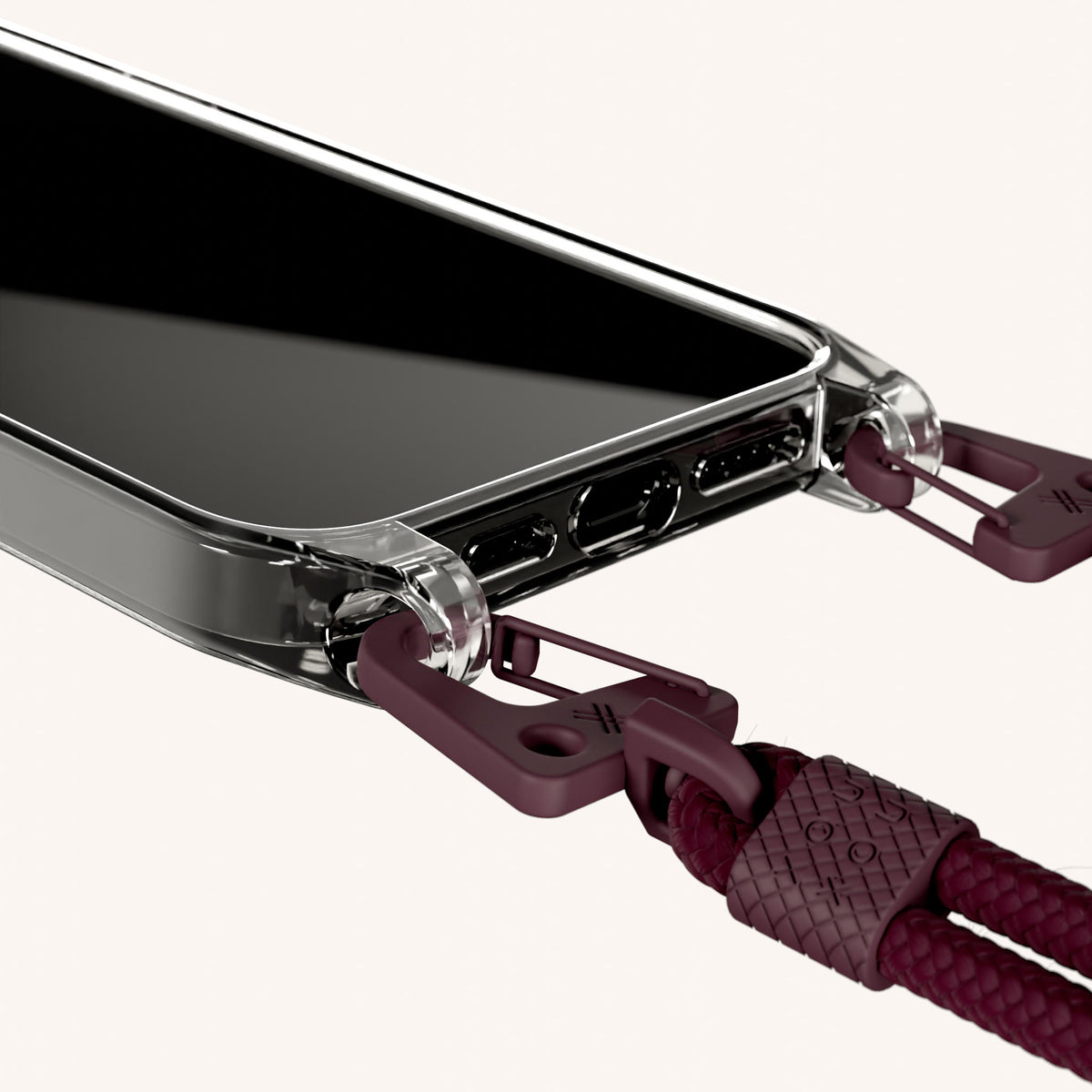 Phone Necklace with Carabiner Rope for iPhone 16 Pro without MagSafe in Clear + Burgundy | XOUXOU #phone model_iphone 16 pro