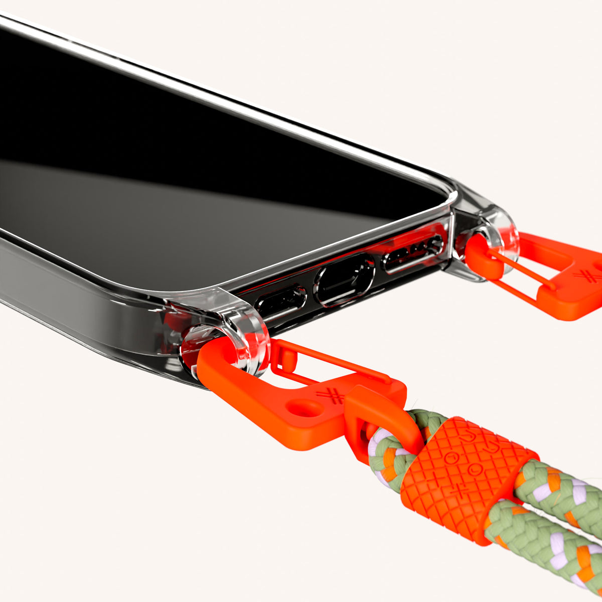 Phone Necklace with Carabiner Rope for iPhone 16 Pro without MagSafe in Clear + Orange Camouflage | XOUXOU #phone model_iphone 16 pro