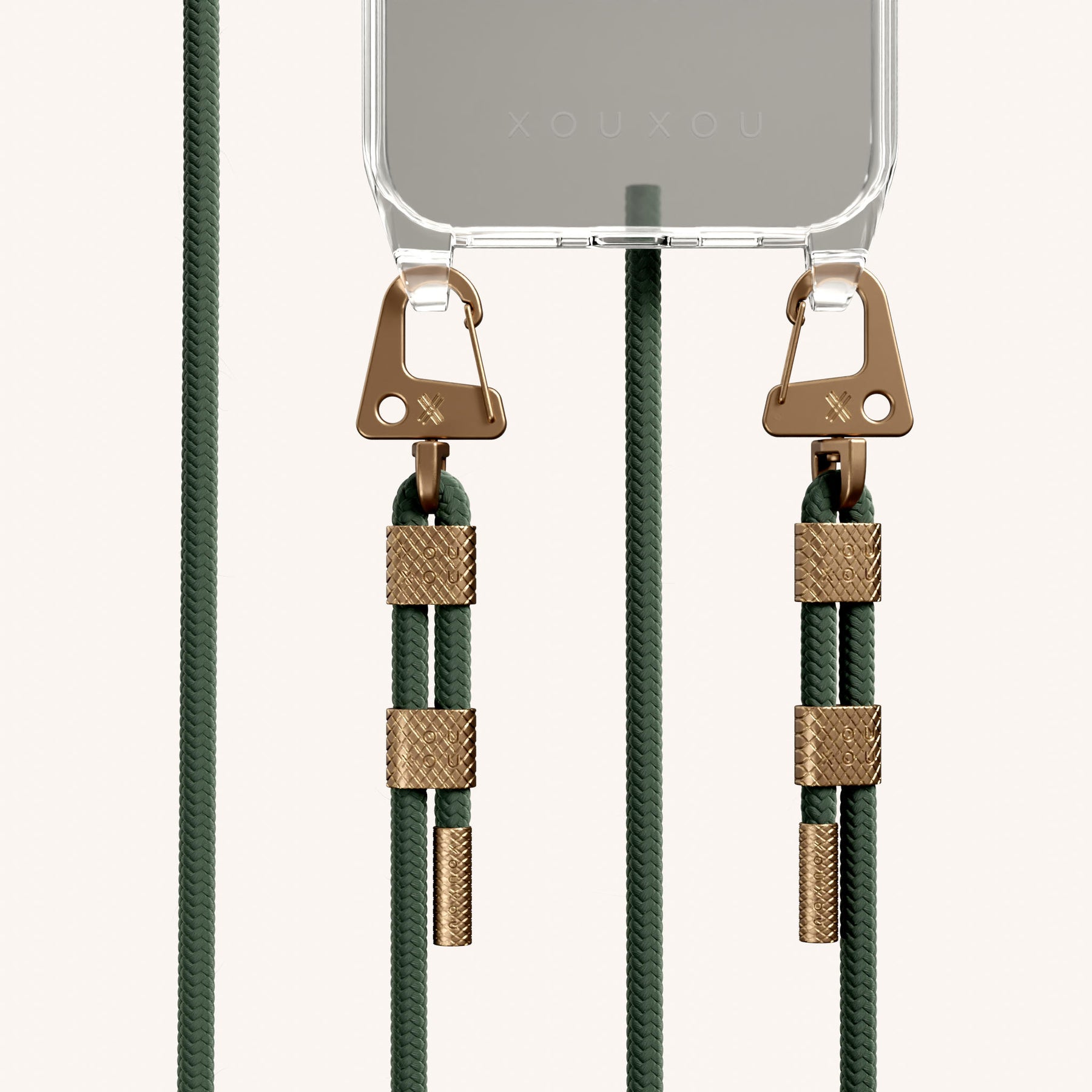 Phone Necklace with Carabiner Rope in Clear + Sage