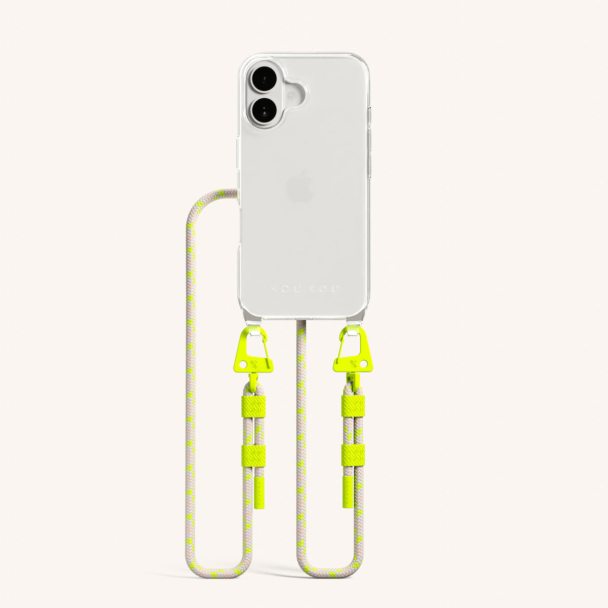 Phone Necklace with Carabiner Rope for iPhone 16 without MagSafe in Clear and Neon Total View | XOUXOU #phone model_iphone 16