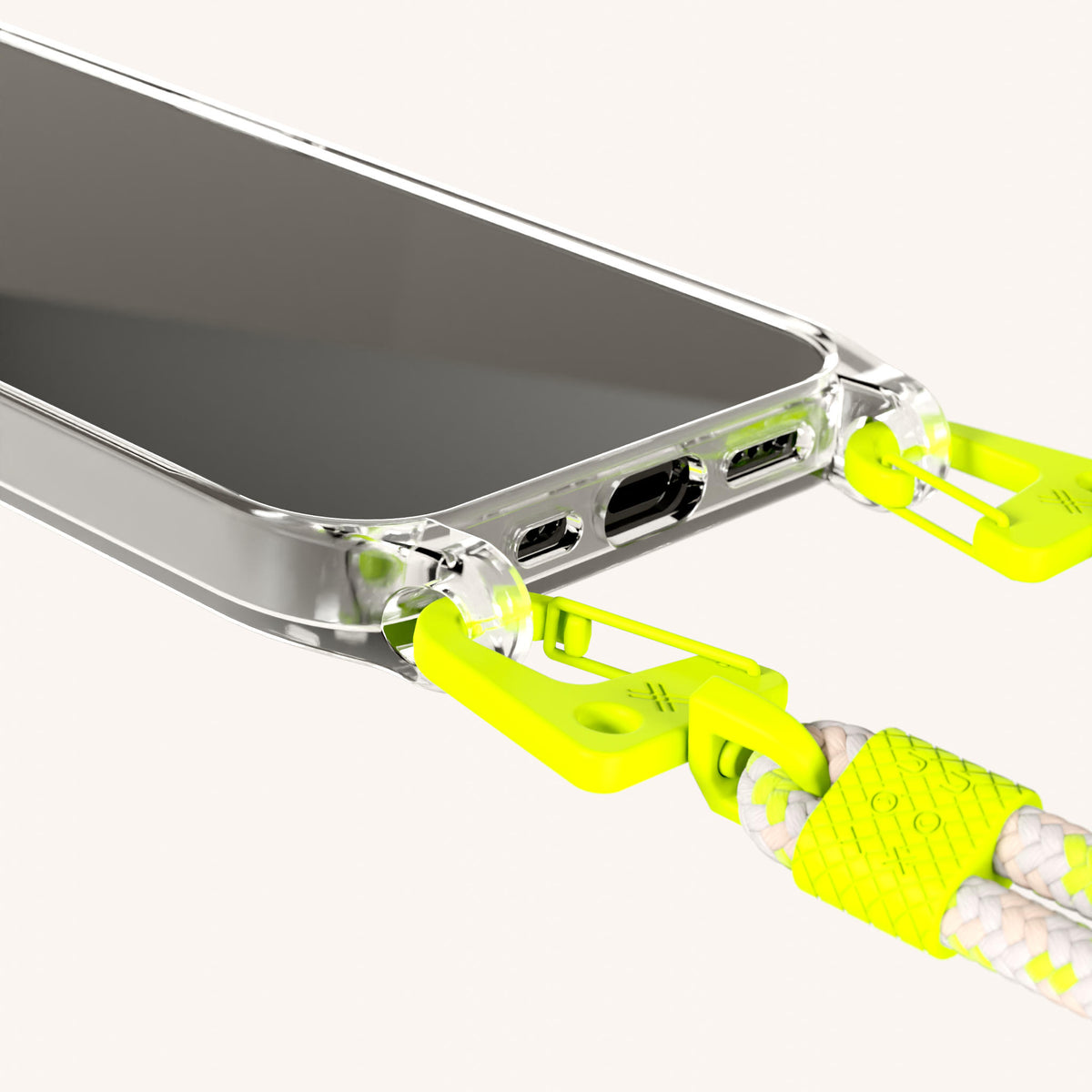 Phone Necklace with Carabiner Rope for iPhone 16 without MagSafe in Clear + Neon Camouflage | XOUXOU #phone model_iphone 16