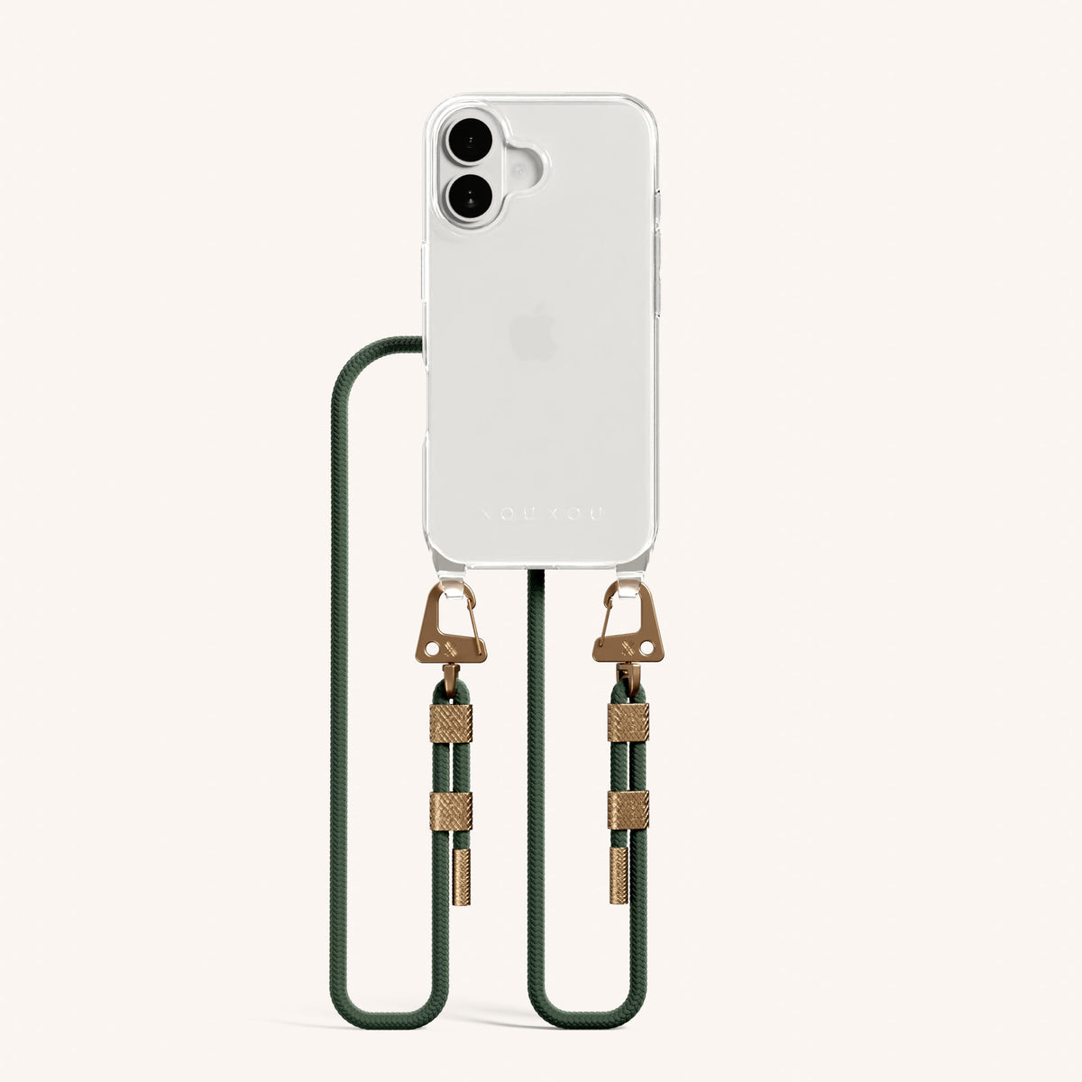 Phone Necklace with Carabiner Rope for iPhone 16 without MagSafe in Clear and Sage Total View | XOUXOU #phone model_iphone 16