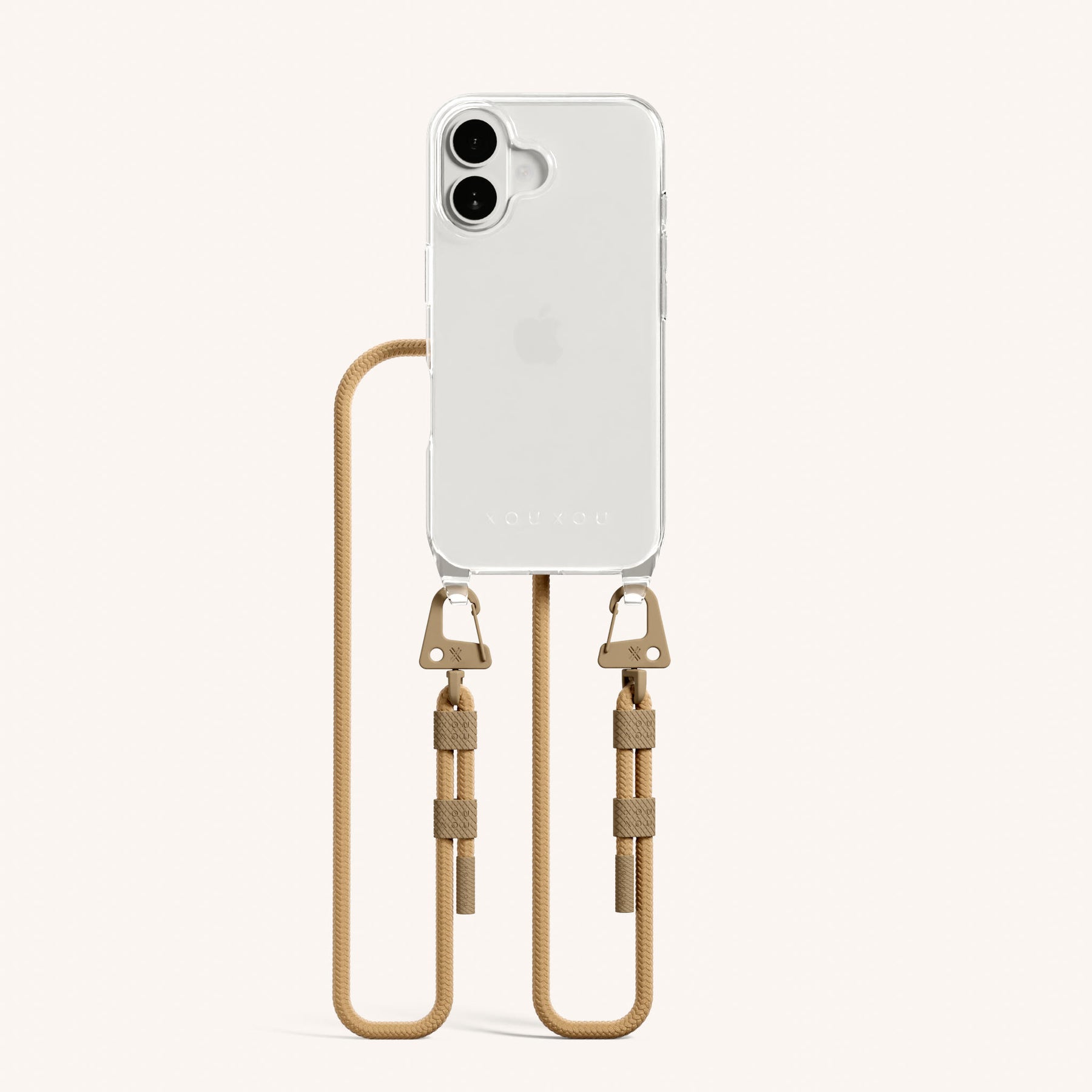 Phone Necklace with Carabiner Rope in Clear + Sand