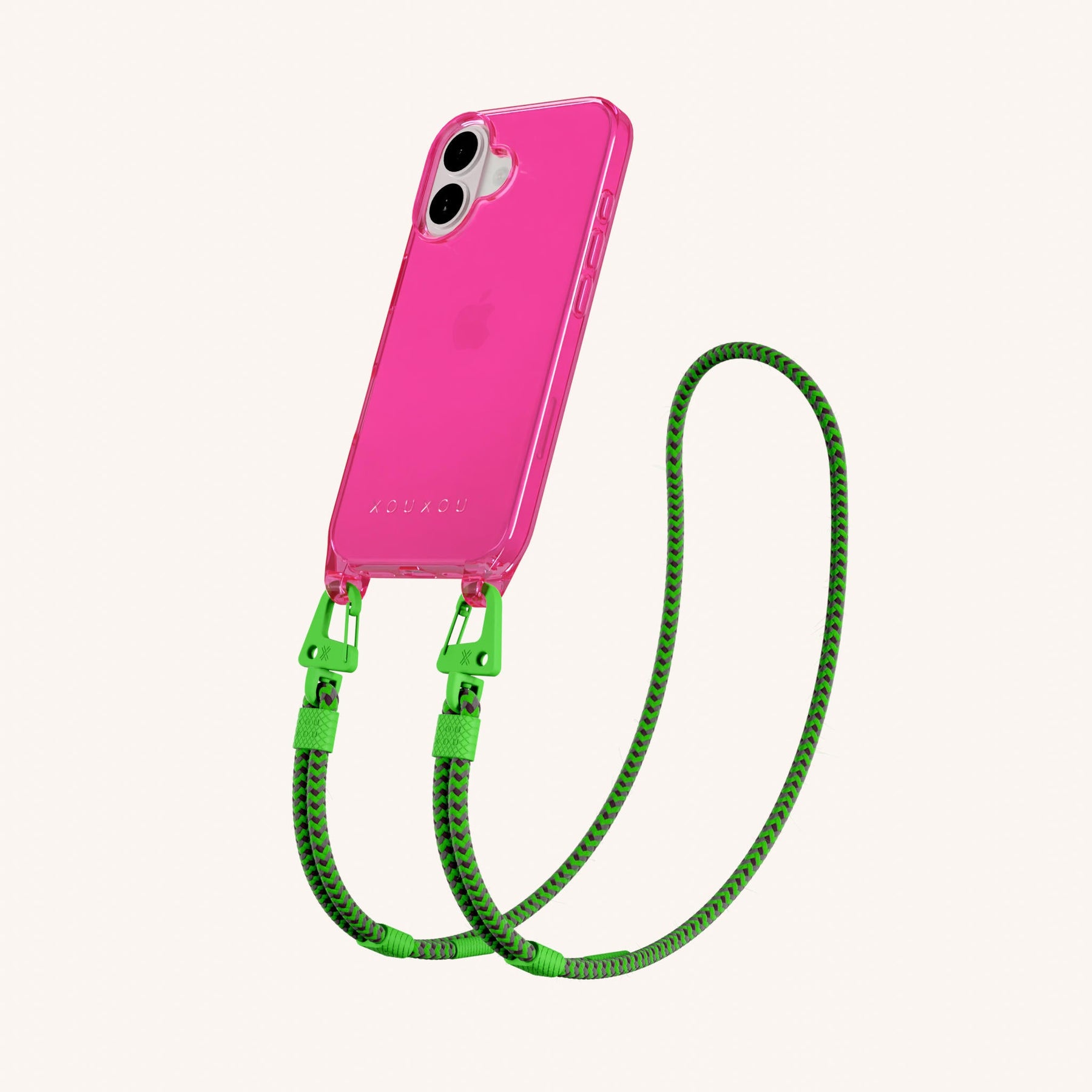 Phone Necklace with Carabiner Rope in Cyber Pink Clear + Acid
