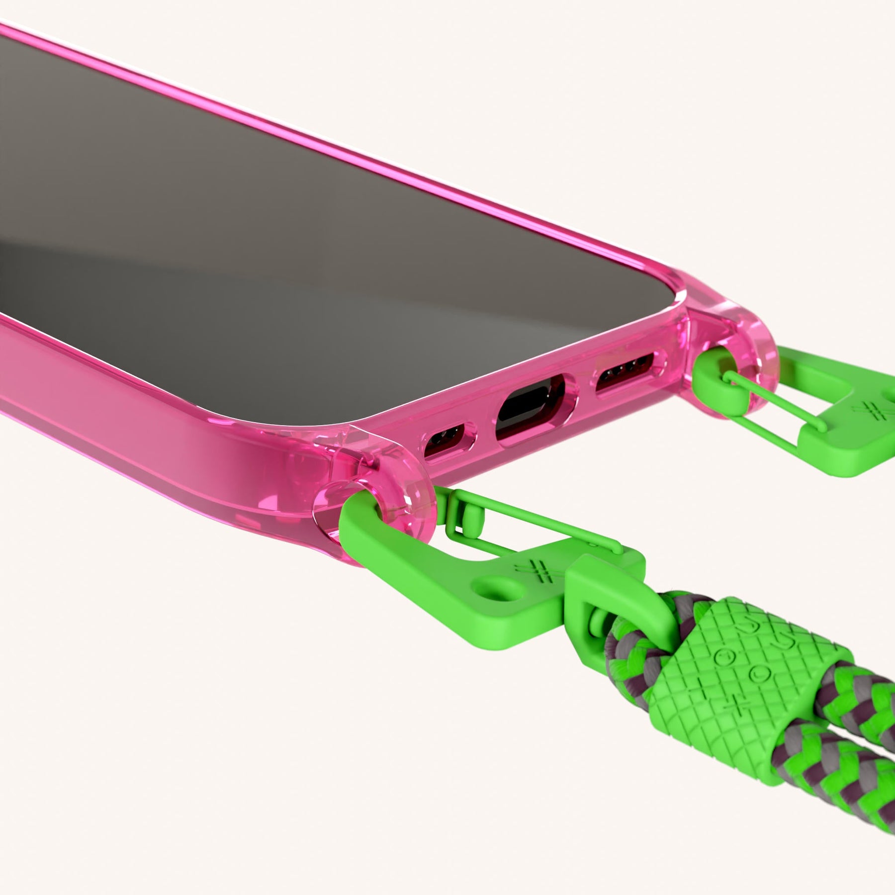 Phone Necklace with Carabiner Rope in Cyber Pink Clear + Acid