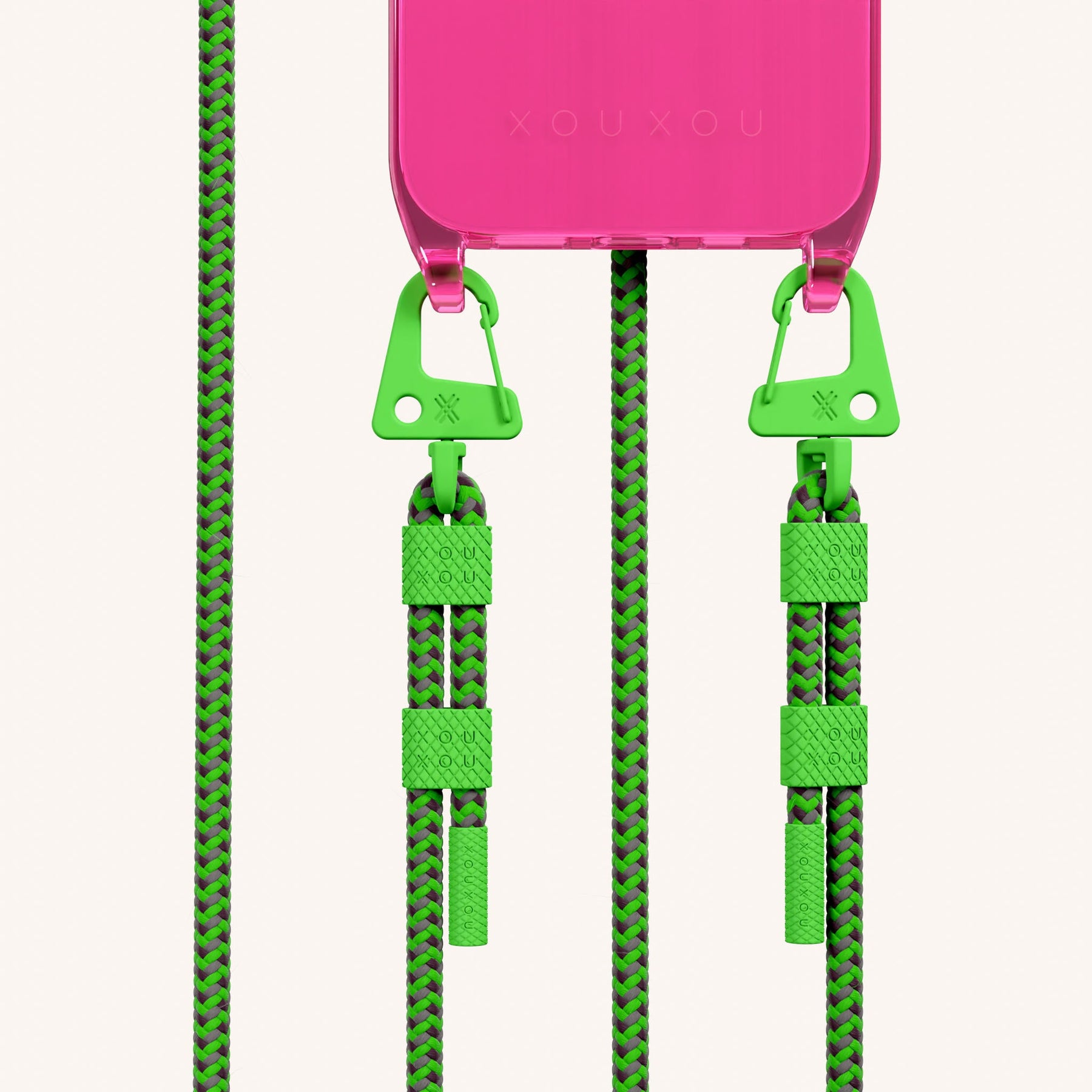 Phone Necklace with Carabiner Rope in Cyber Pink Clear + Acid