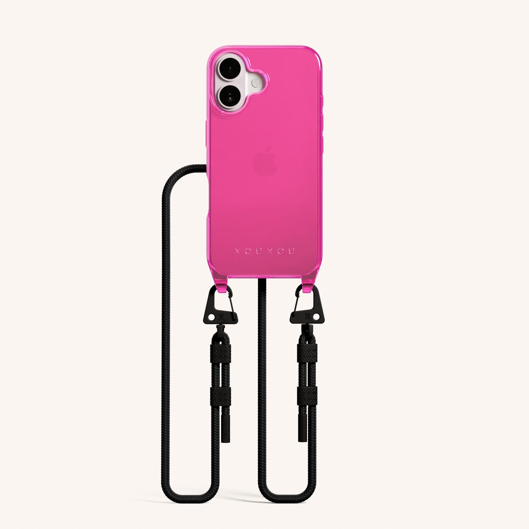 Phone Necklace with Carabiner Rope in Cyber Pink Clear + Black