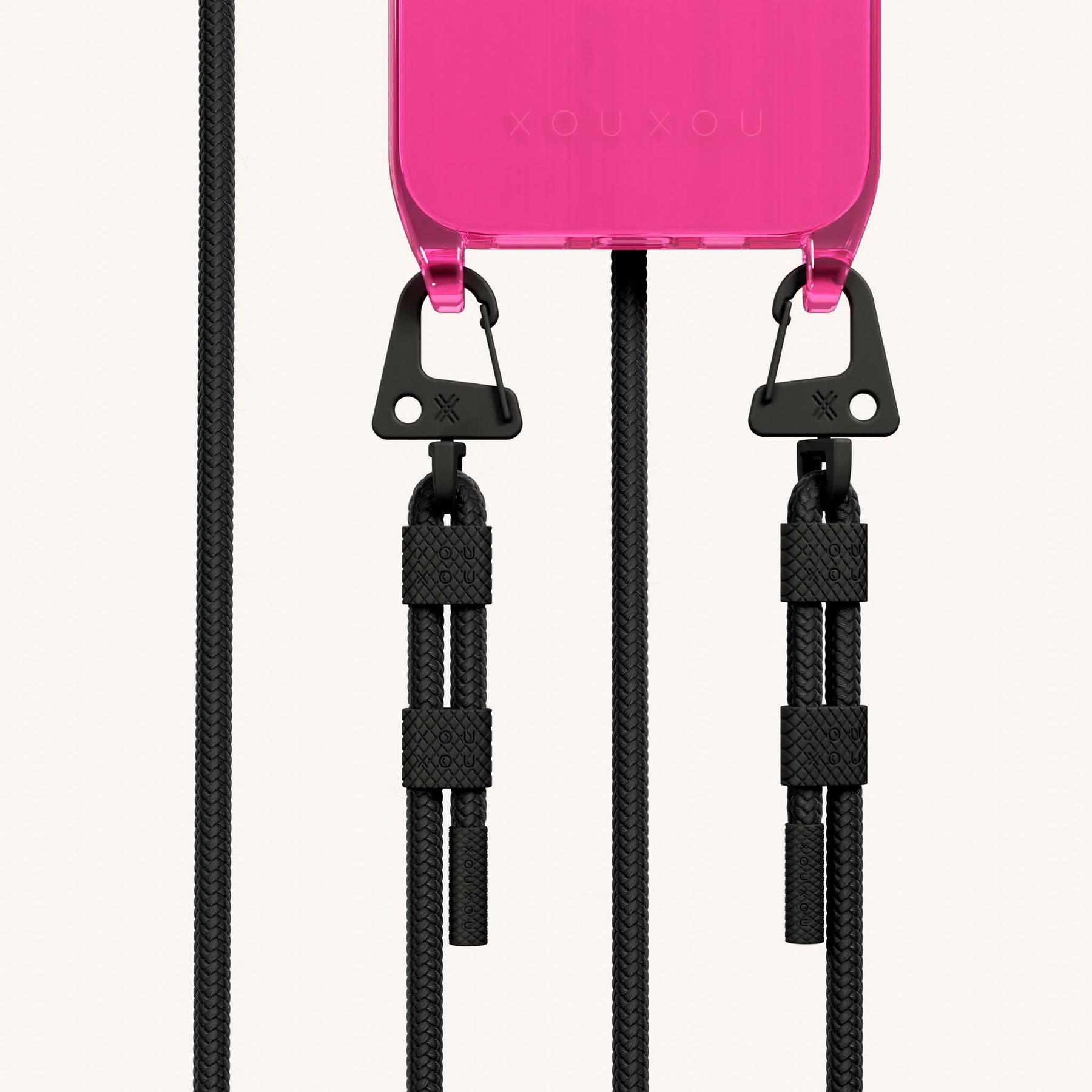 Phone Necklace with Carabiner Rope in Cyber Pink Clear + Black