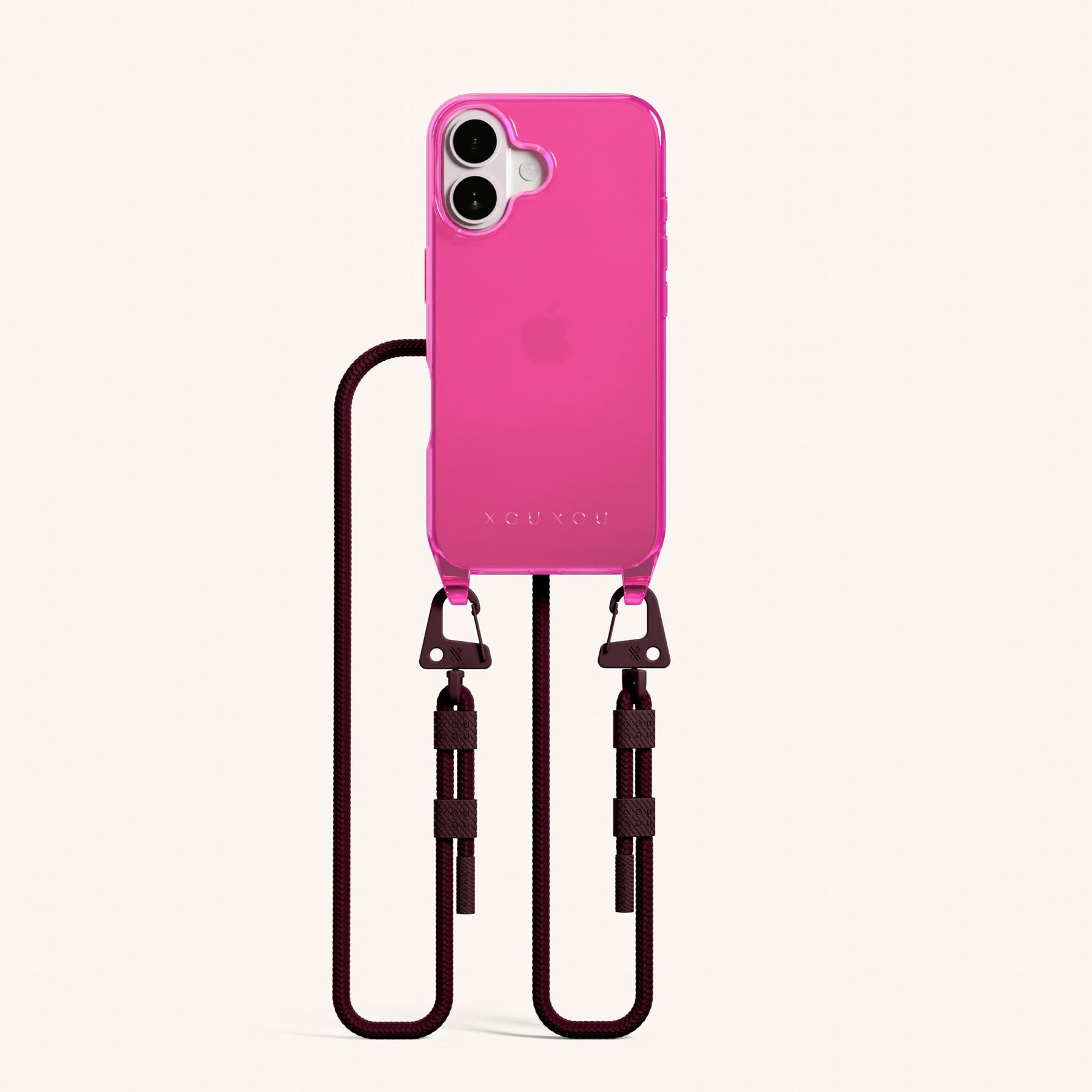 Phone Necklace with Carabiner Rope in Cyber Pink Clear + Burgundy