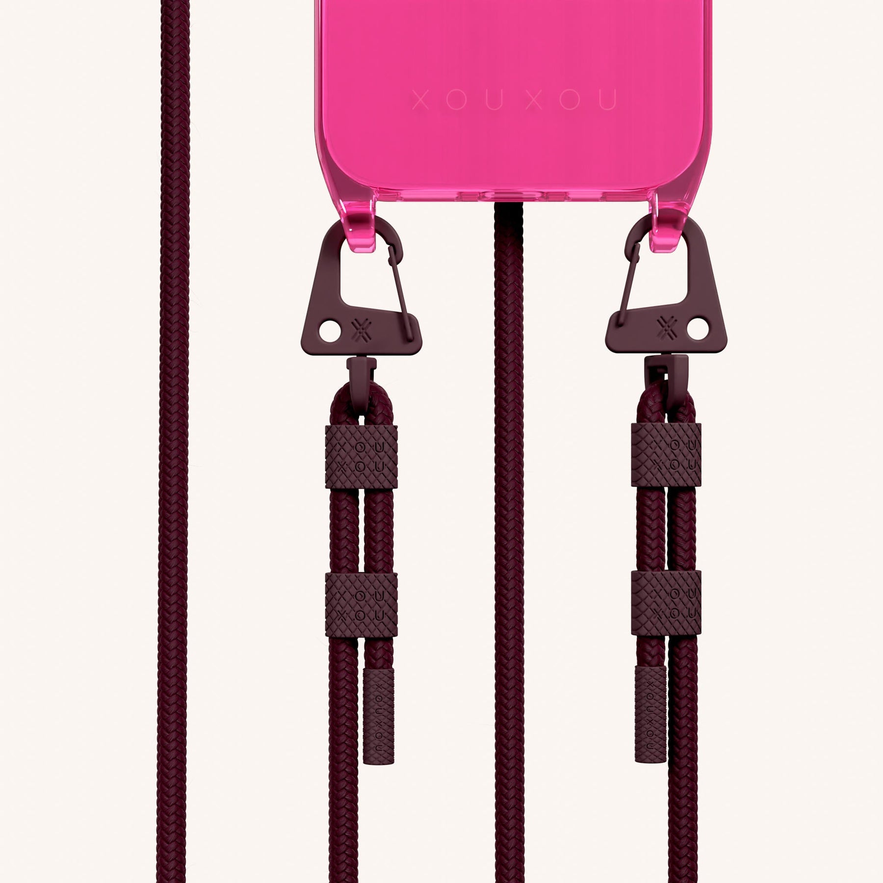 Phone Necklace with Carabiner Rope in Cyber Pink Clear + Burgundy