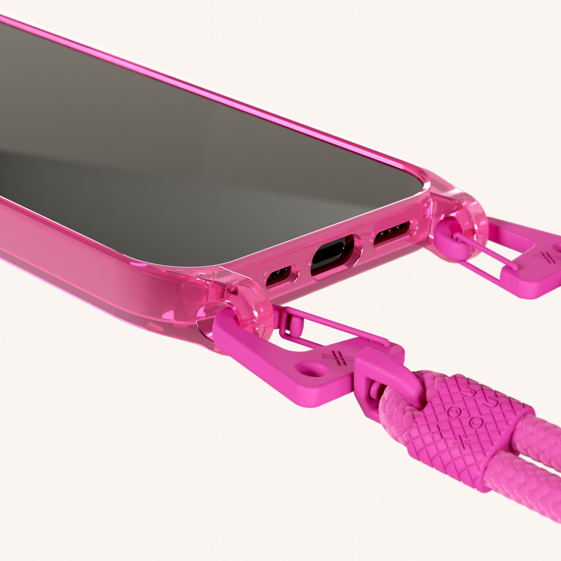 Phone Necklace with Carabiner Rope in Cyber Pink Clear + Power Pink