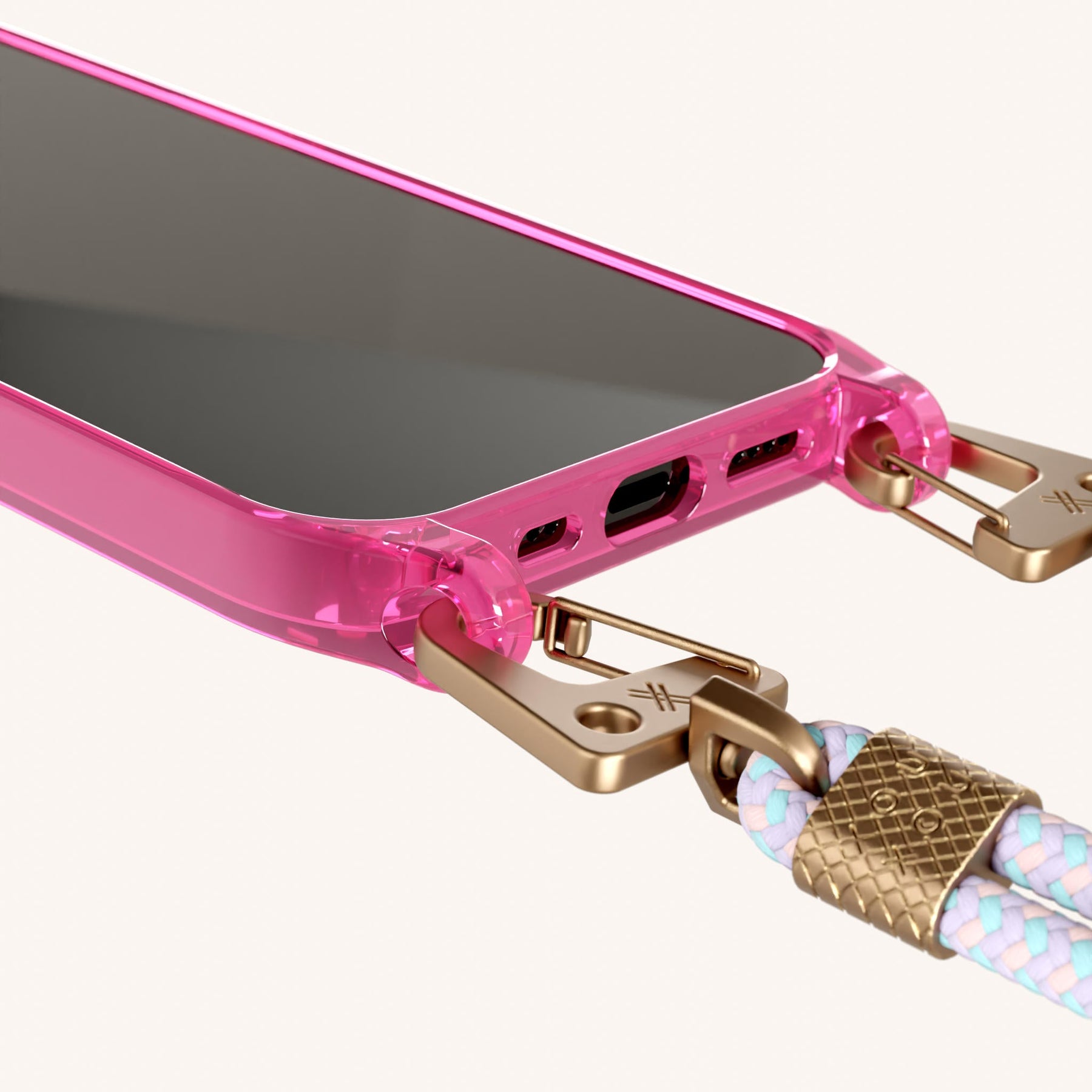 Phone Necklace with Carabiner Rope in Cyber Pink Clear + Vibrant Pastel