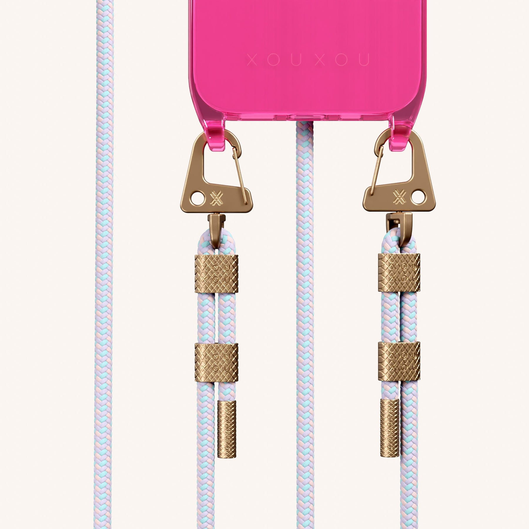 Phone Necklace with Carabiner Rope in Cyber Pink Clear + Vibrant Pastel